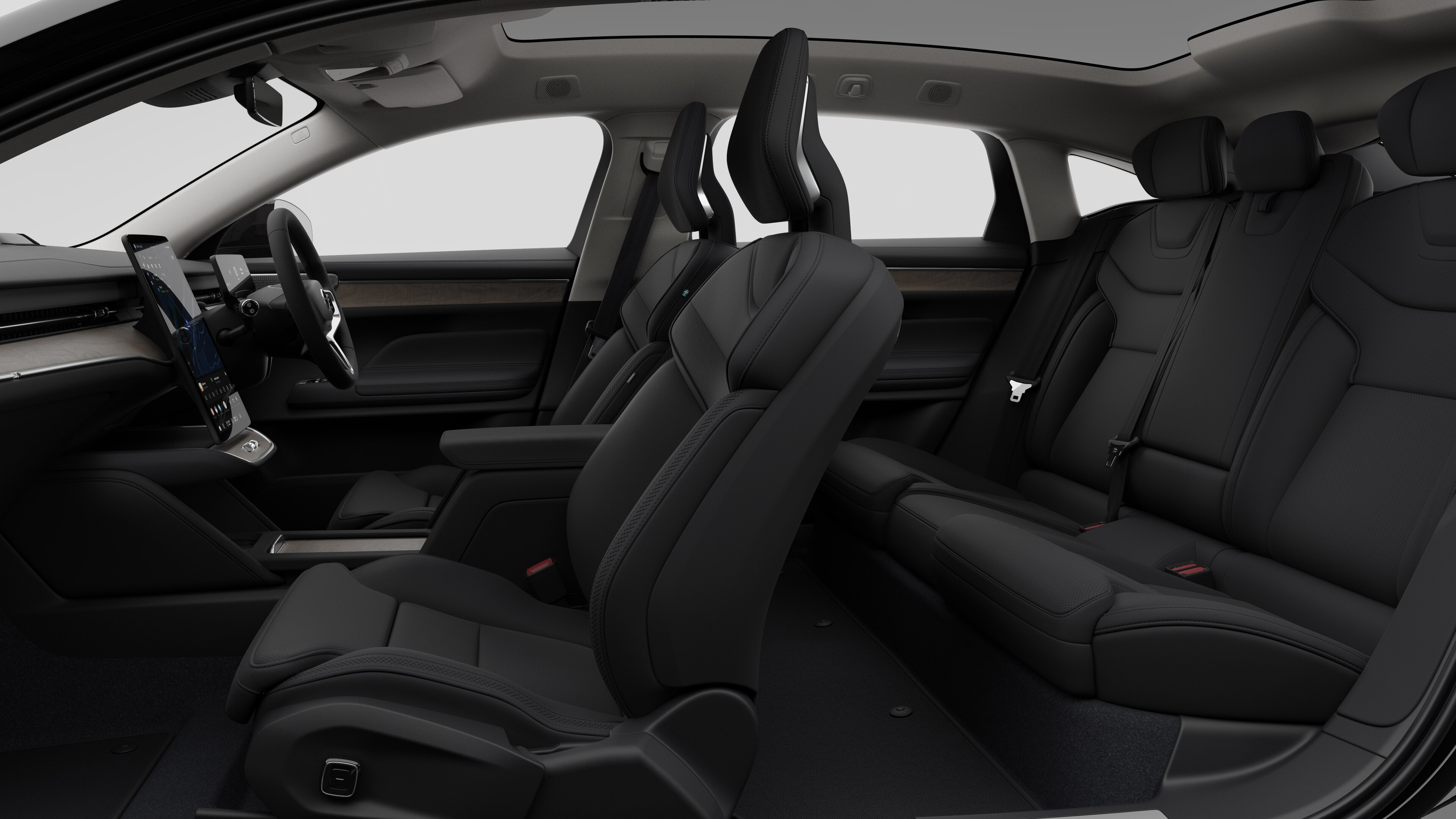 Volvo car interior side view showcasing front seats, rear passenger seats, steering wheel, dashboard, and center console, set against plain studio background.