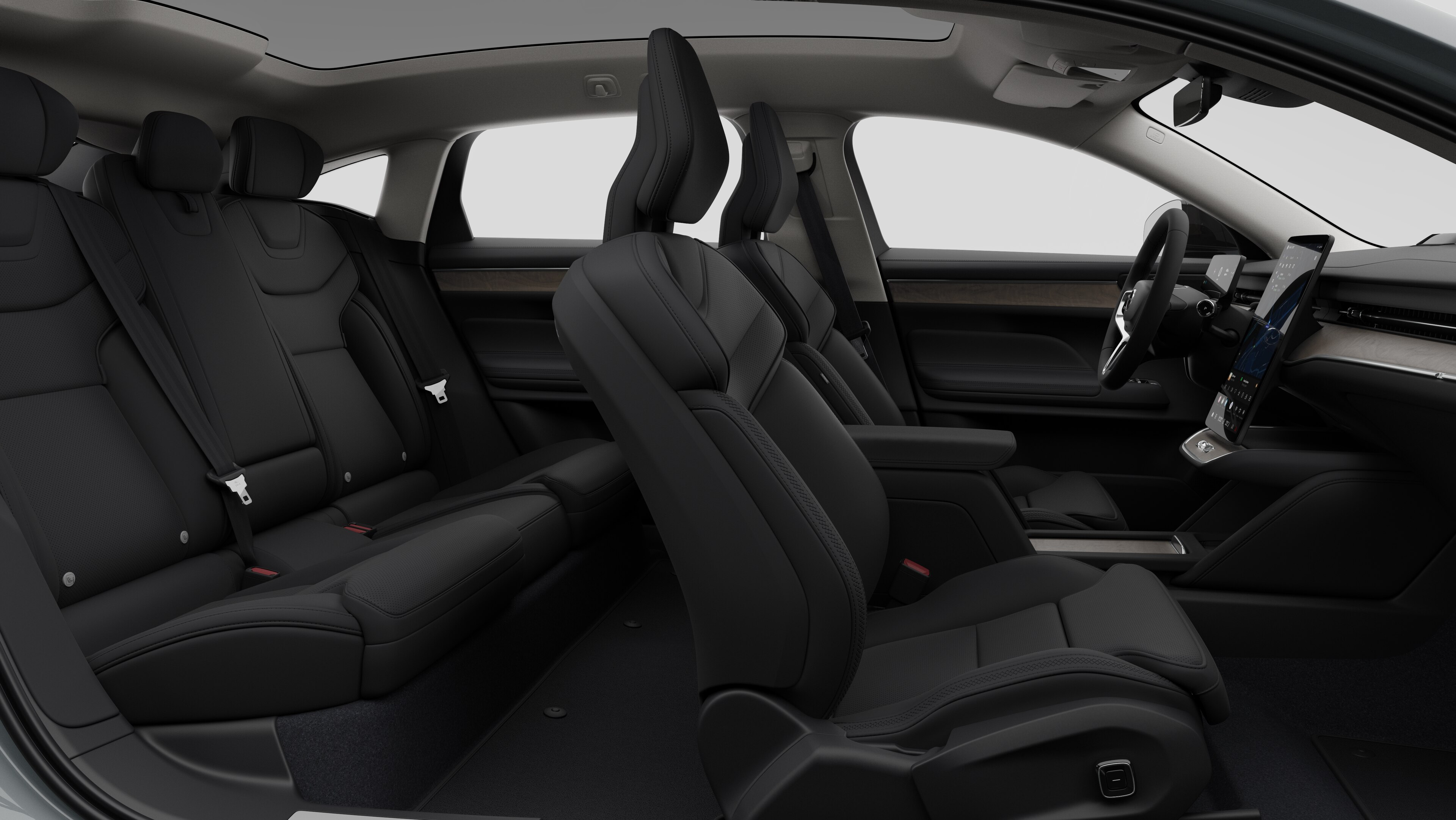 Vista laterale dell'interno di un'auto Volvo con sedili anteriori, sedili dei passeggeri posteriori, volante, cruscotto e console centrale, sullo sfondo di uno studio.