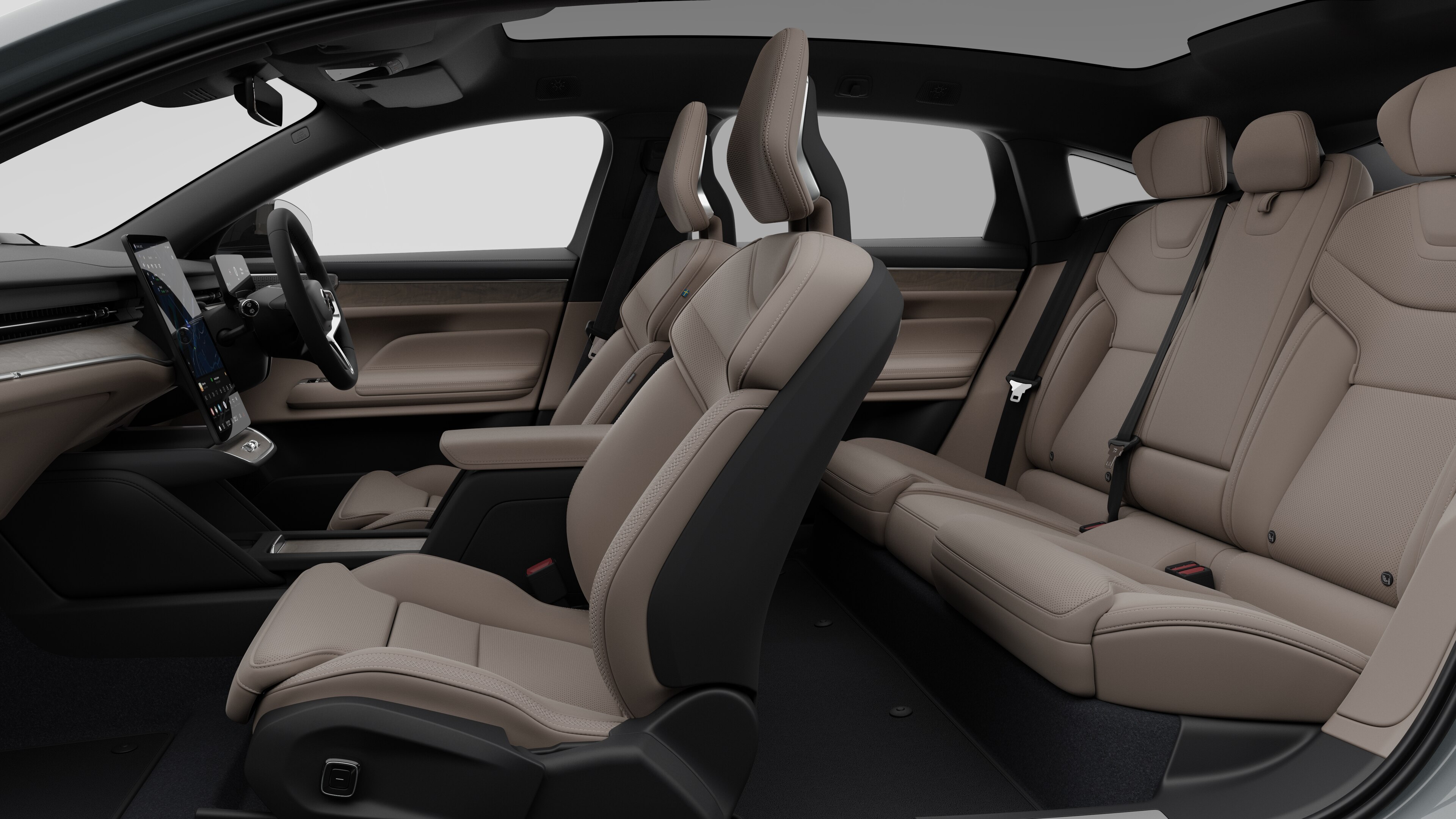 Volvo car interior side view showcasing front seats, rear passenger seats, steering wheel, dashboard, and center console, set against plain studio background.