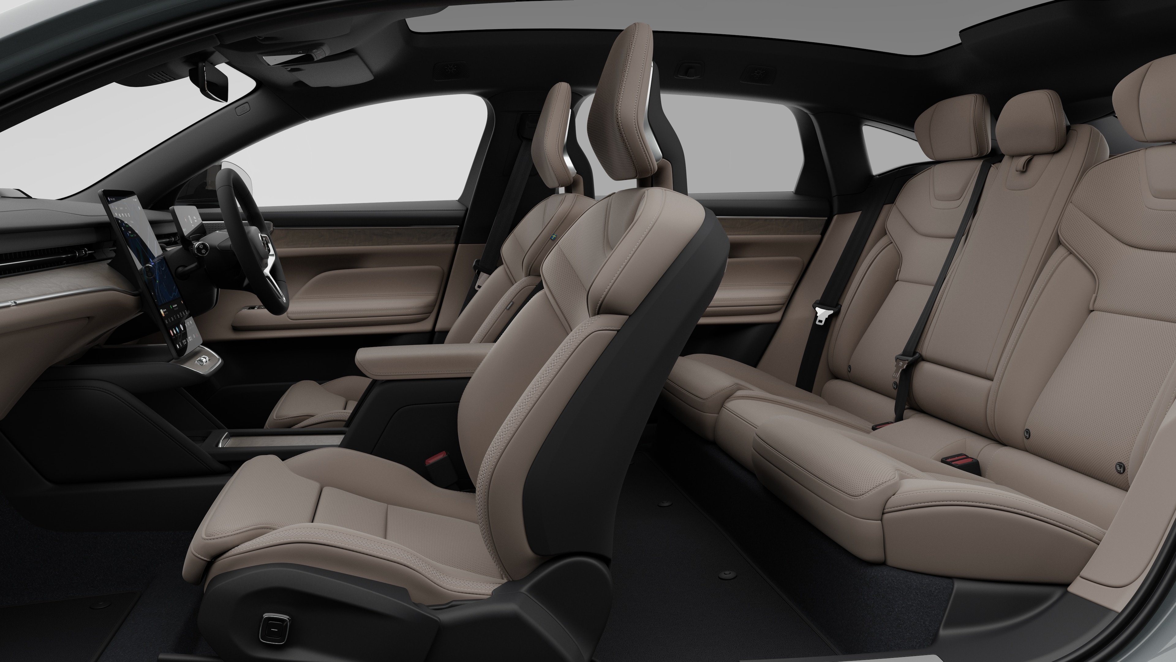 Volvo car interior side view showcasing front seats, rear passenger seats, steering wheel, dashboard, and center console, set against plain studio background.