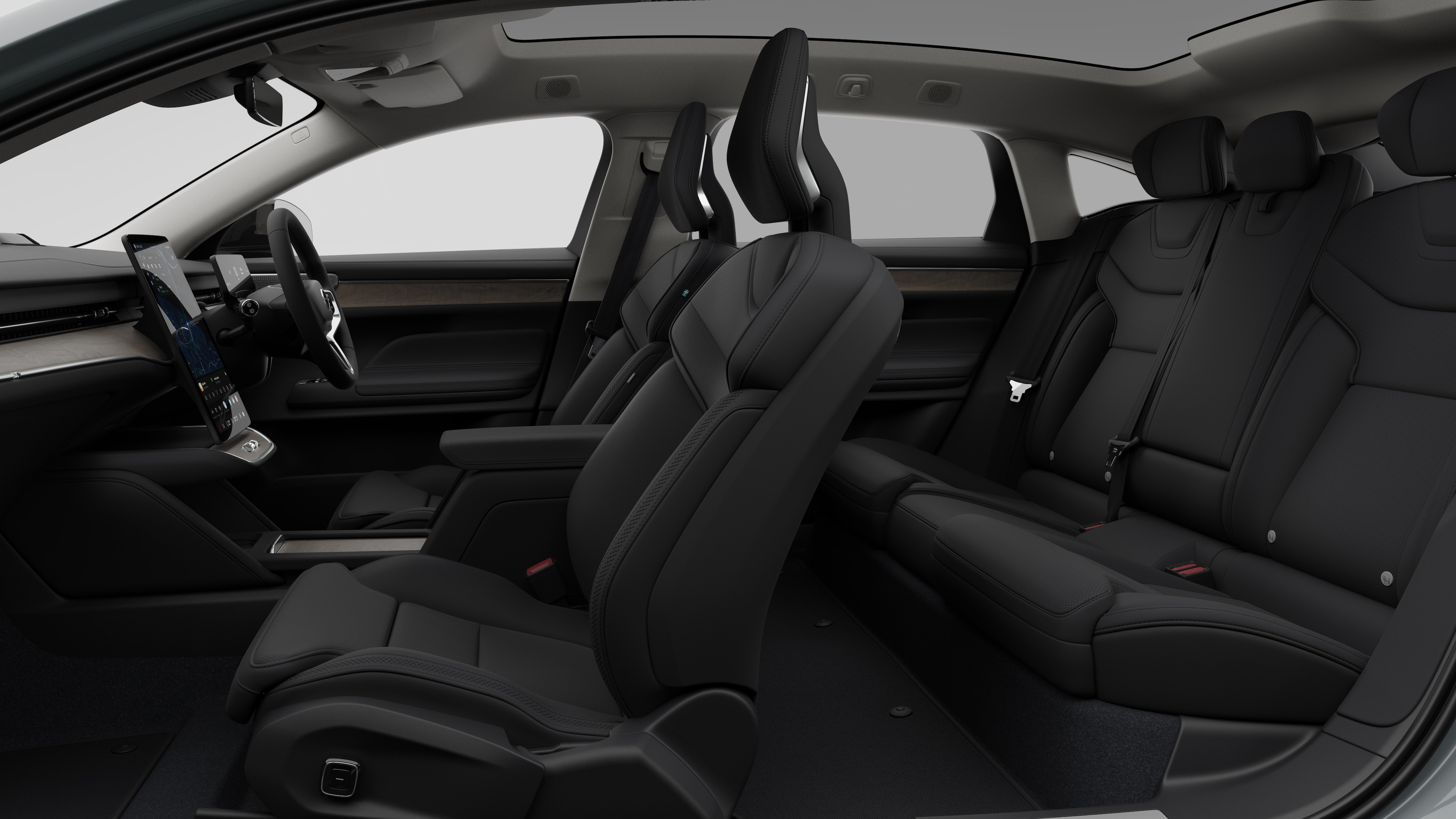 Volvo car interior side view showcasing front seats, rear passenger seats, steering wheel, dashboard, and centre console, set against plain studio background.