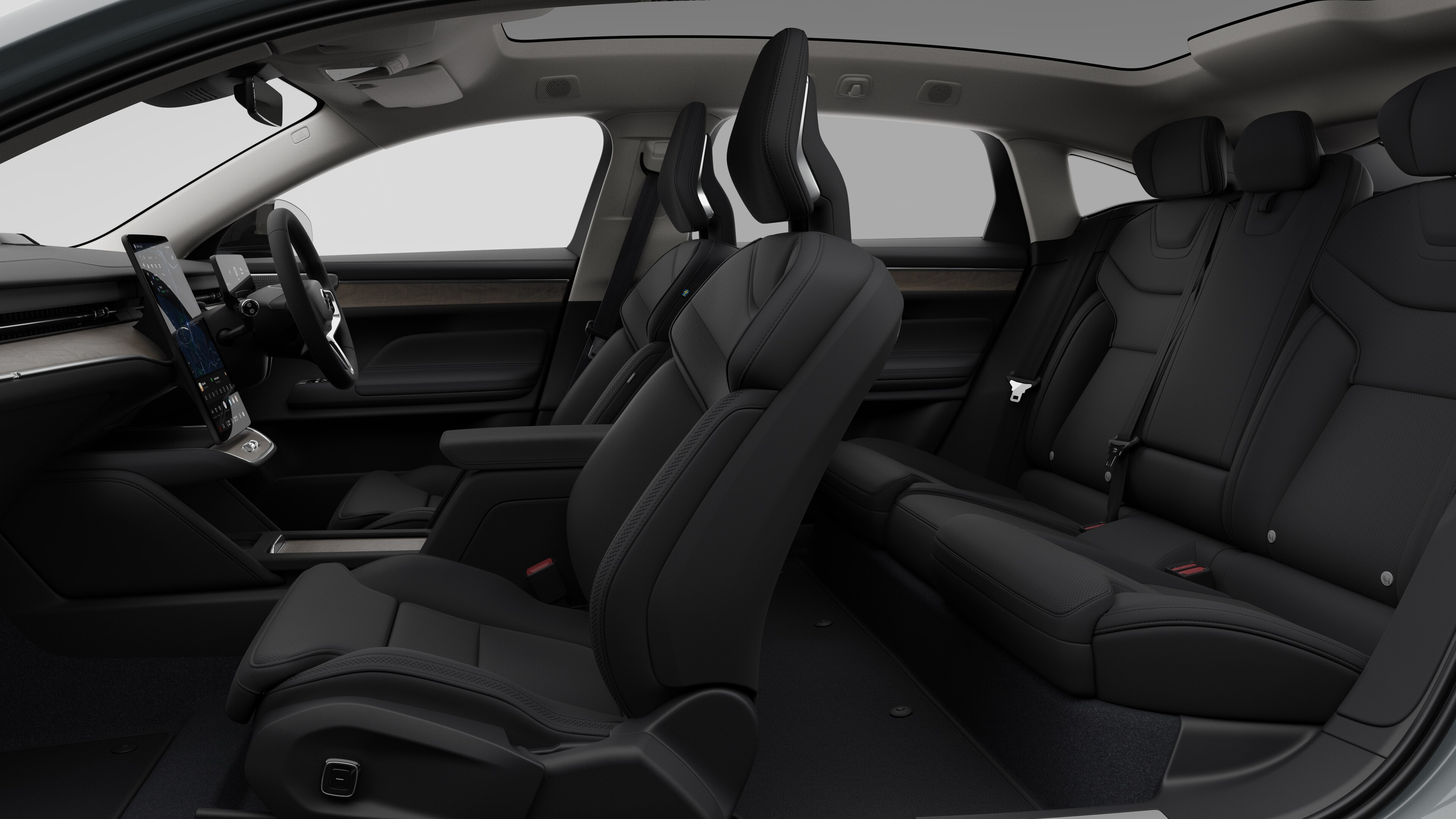 Volvo car interior side view showcasing front seats, rear passenger seats, steering wheel, dashboard, and centre console, set against plain studio background.