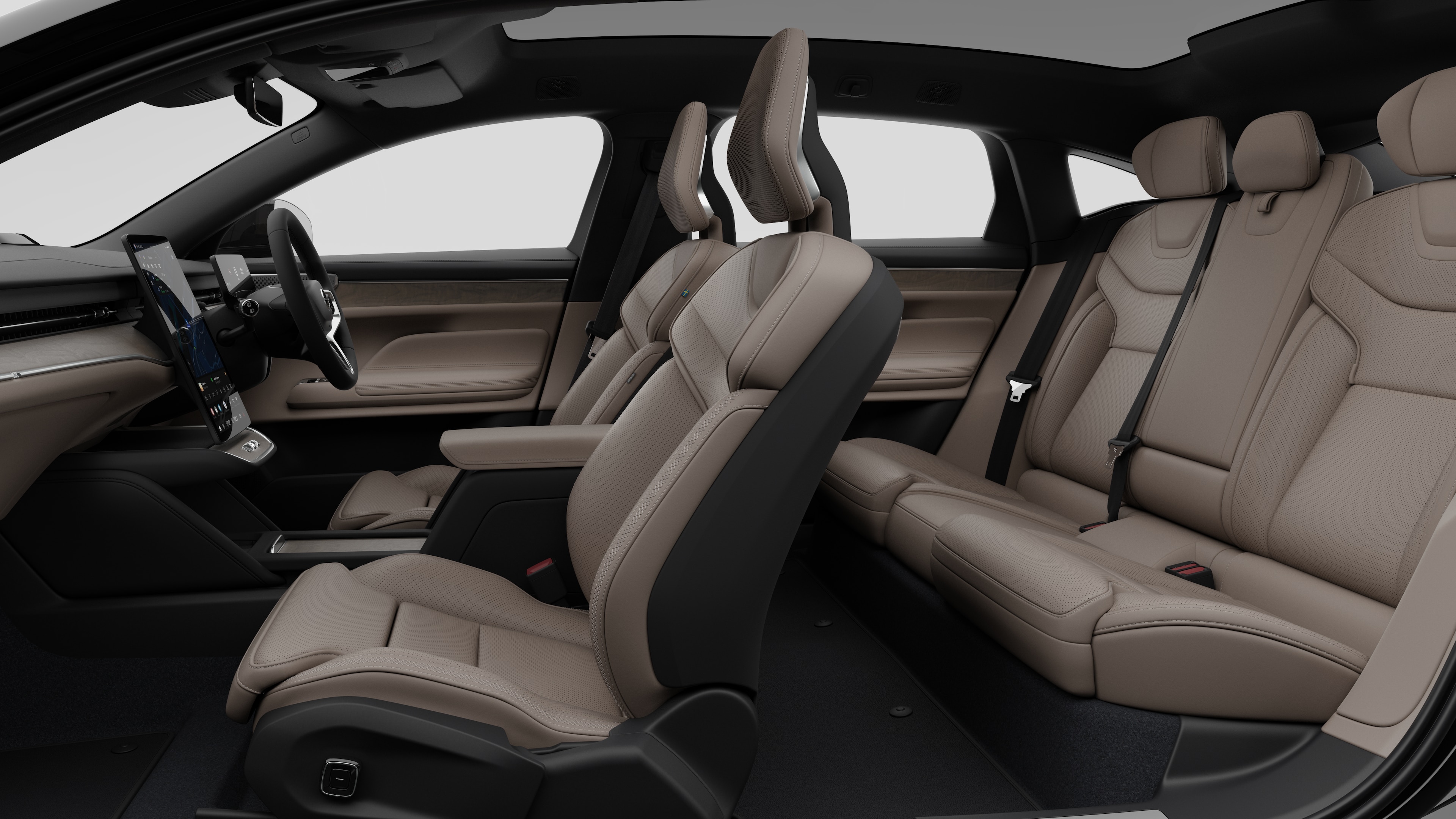 Volvo car interior side view showcasing front seats, rear passenger seats, steering wheel, dashboard, and center console, set against plain studio background.