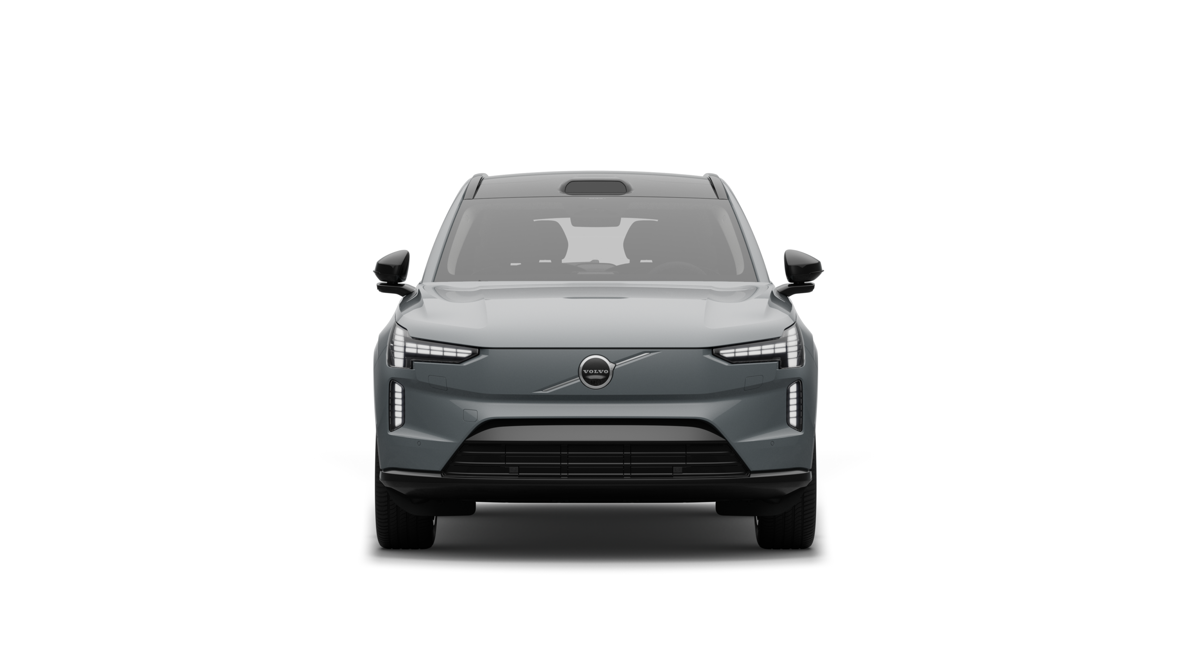 Vy framifrån av en Volvobil i en vanlig studiobakgrund.