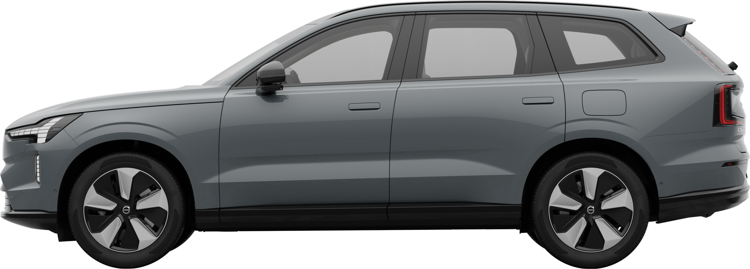 Side view of a Volvo car parked against a plain studio background, showcasing the vehicle's overall sleek profile and design.