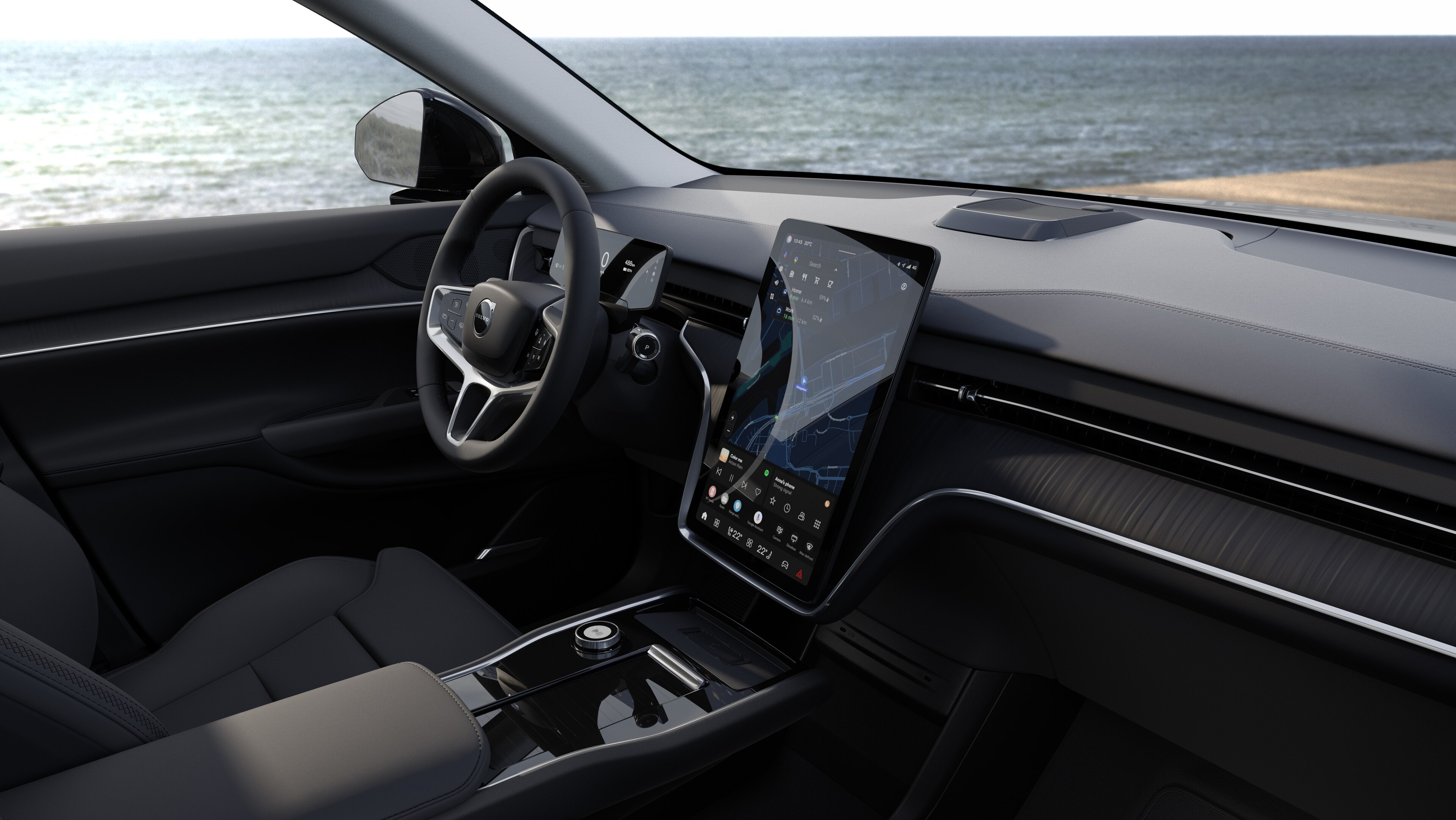 Volvo Fahrzeuginnenraum mit Armaturenbrett, Lenkrad und Mittelkonsole mit Digitaldisplay vor dem Hintergrund der offenen Straße.