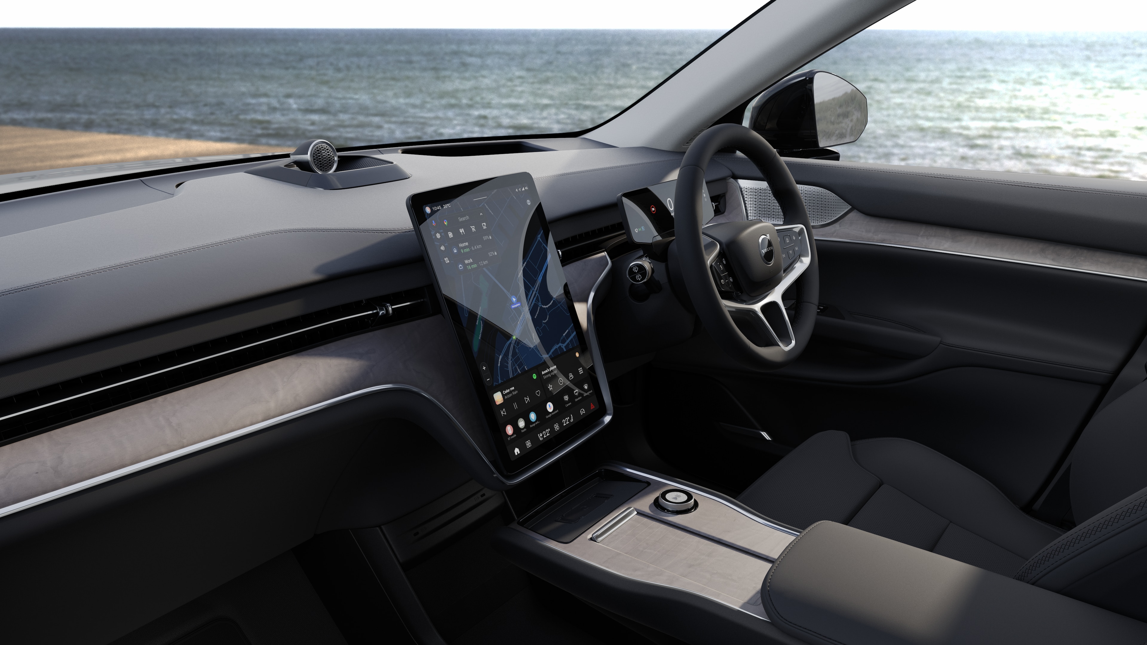 Volvo car interior showing dashboard, steering wheel, and center console with digital display in an open road background.