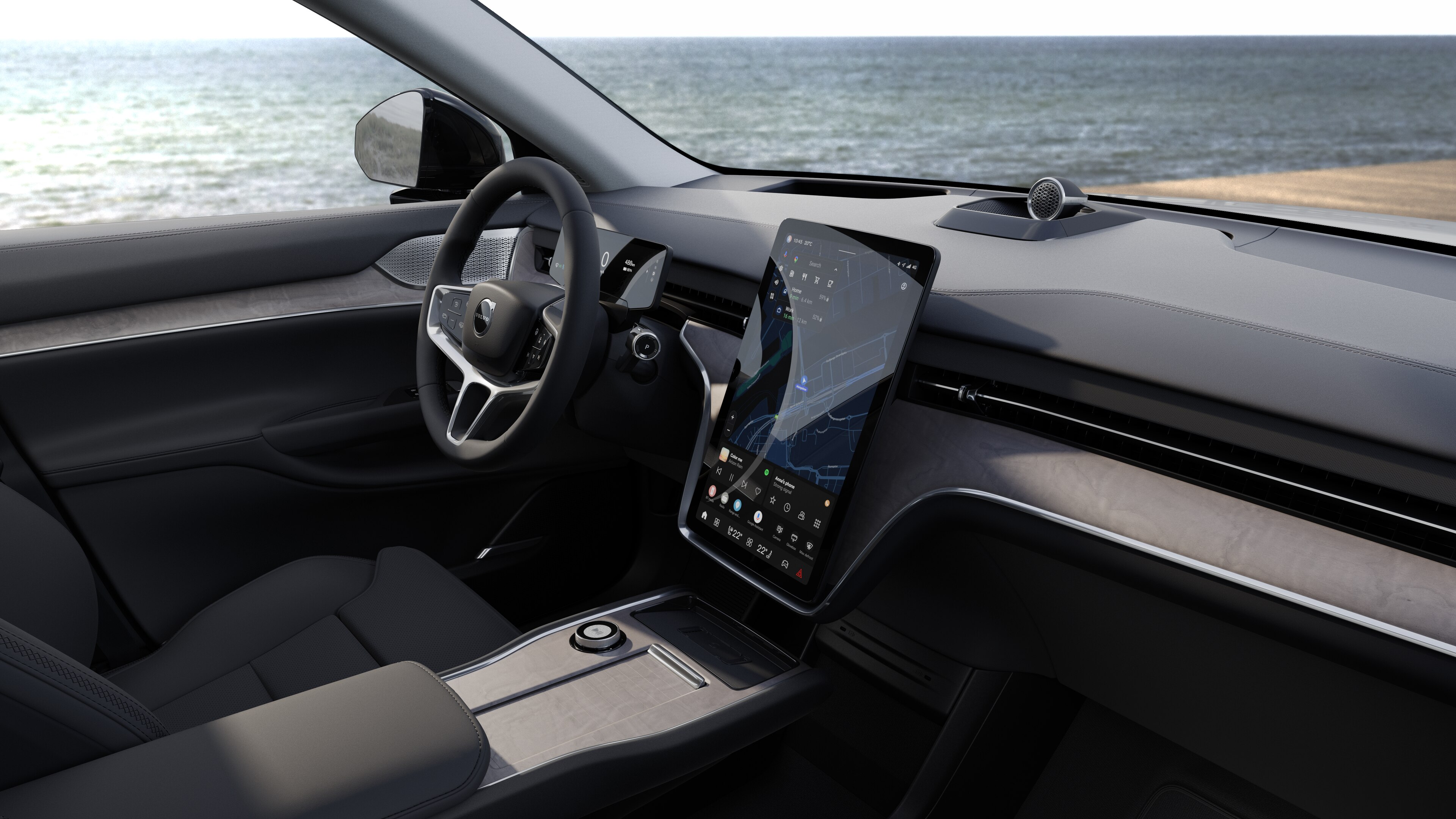 Volvointeriör som visar instrumentbräda, ratt och mittkonsol med digital display i en öppen bakgrund.