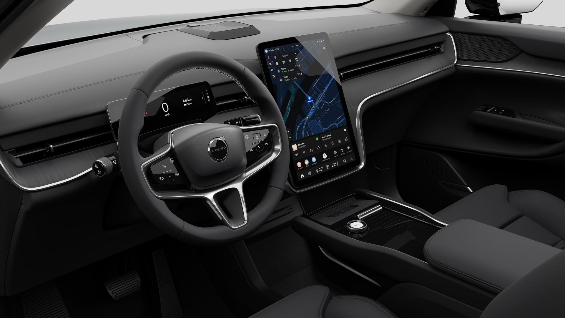 Innenansicht eines Volvo mit Armaturenbrett, Lenkrad, Mittelkonsole und digitalem Bildschirm in einem schlichten Studiohintergrund.