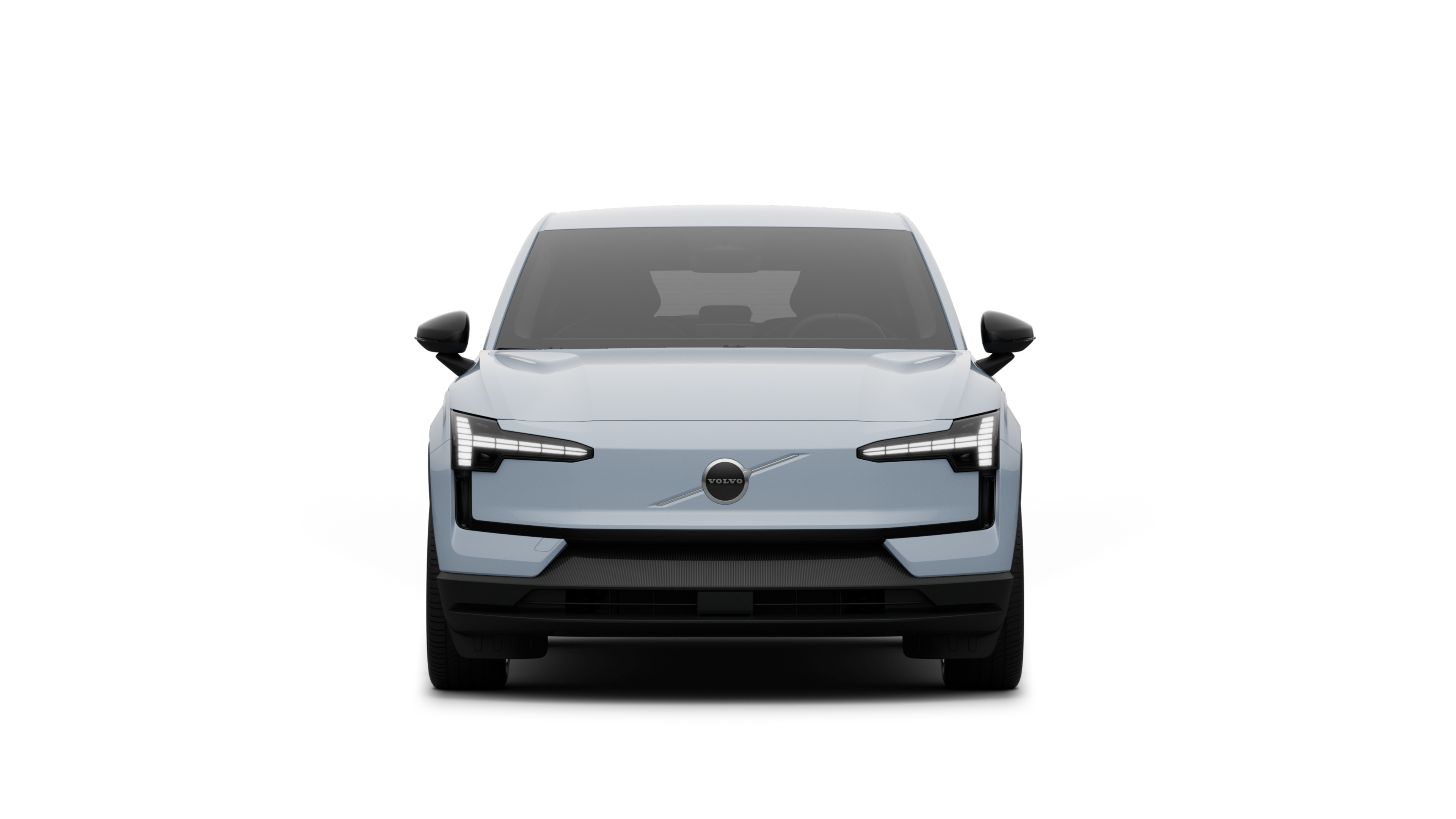 Vista frontal de un vehículo Volvo en un fondo de estudio liso.