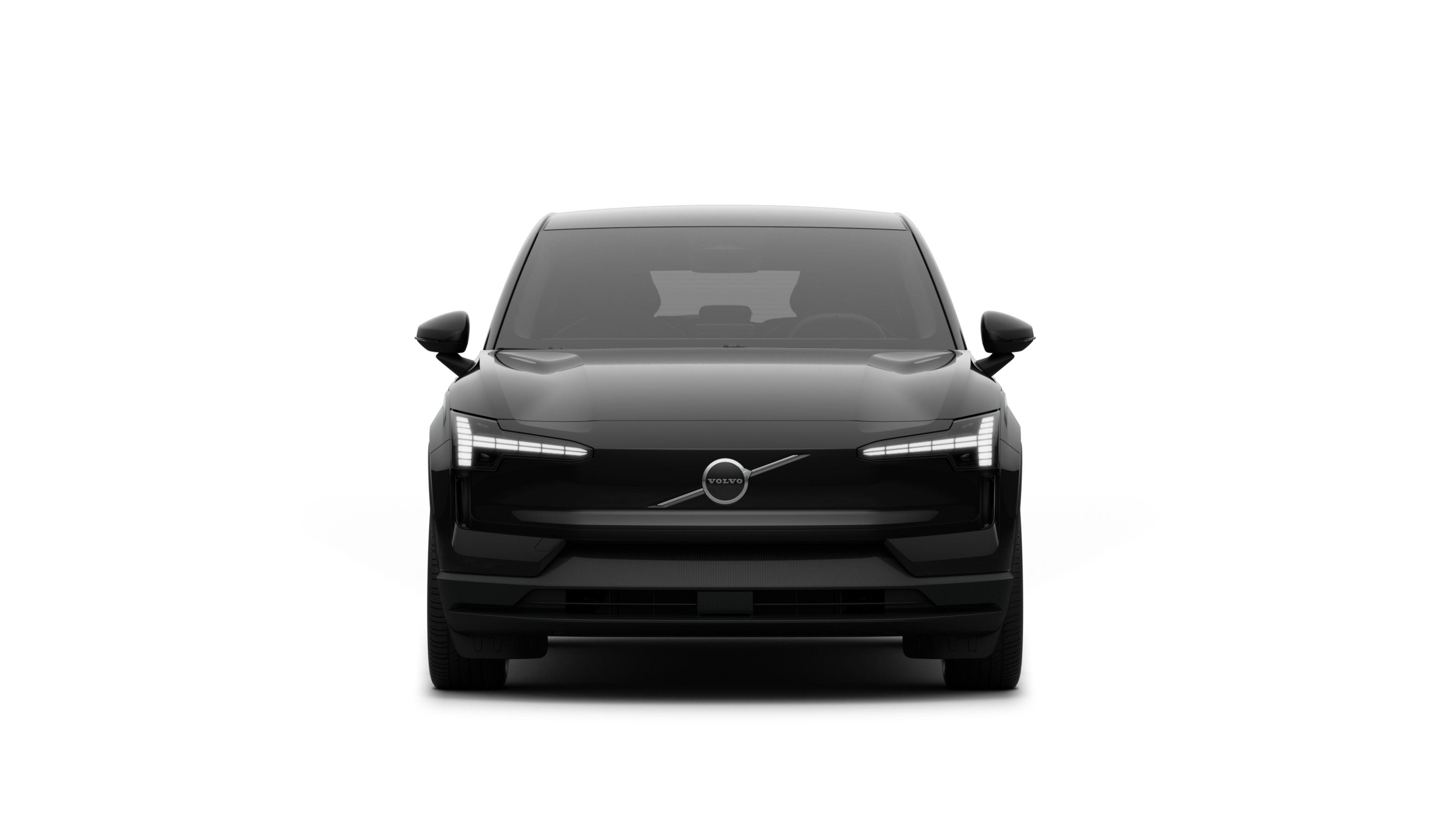 Vooraanzicht van een Volvo op een eenvoudige studioachtergrond.