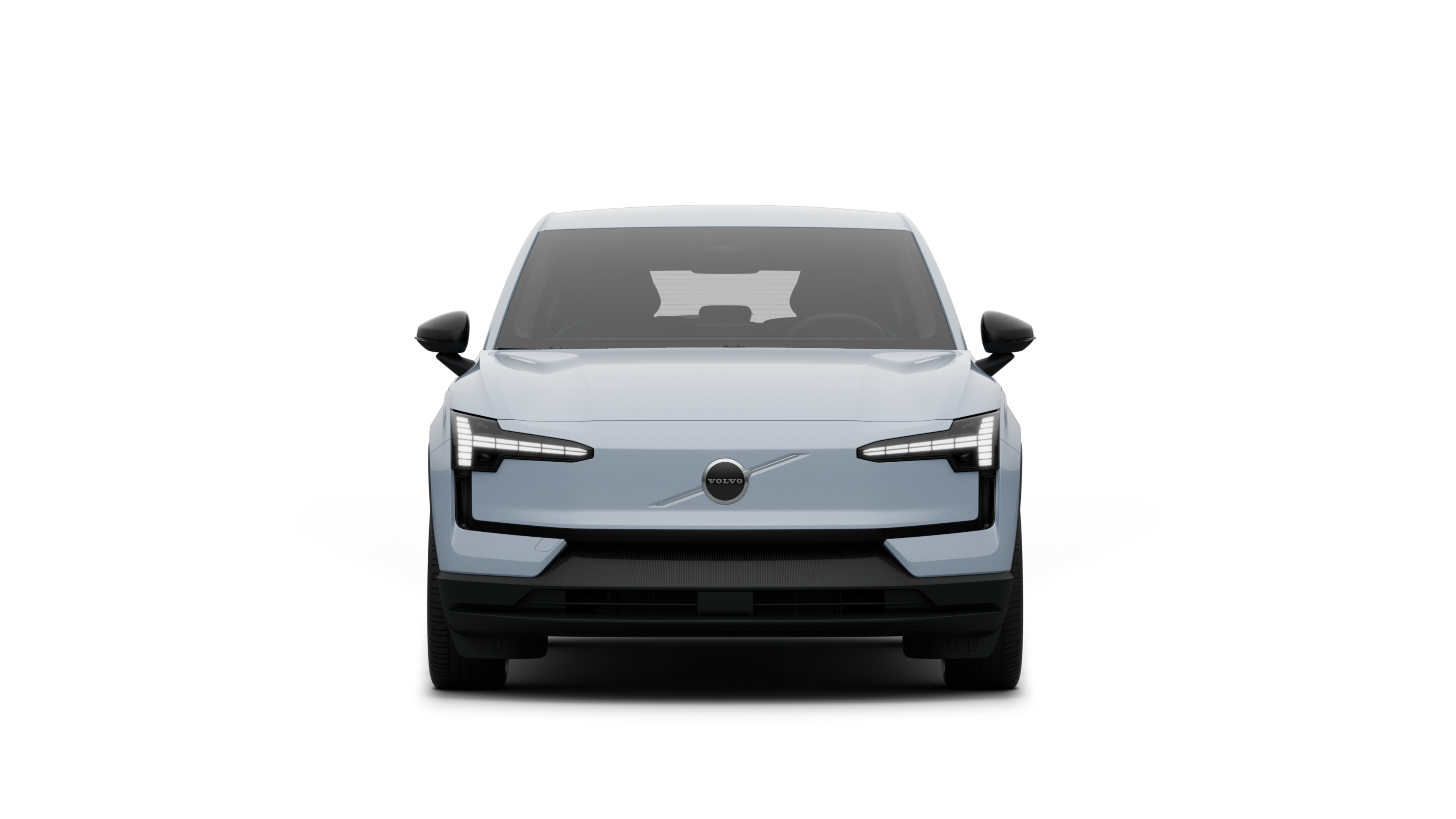 Edestä otettu kuva Volvo-autosta tavallisella studiotaustalla.