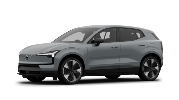 Het exterieur van de Volvo-auto in driekwart aanzicht, duidelijke studioachtergrond.