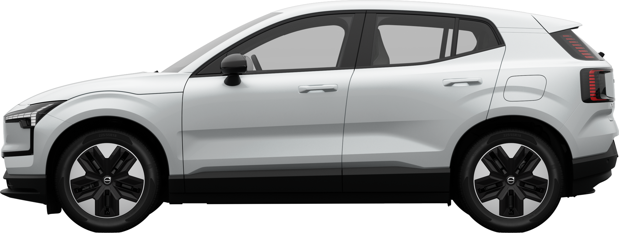 Side view of a Volvo car parked against a plain studio background, showcasing the vehicle's overall sleek profile and design.