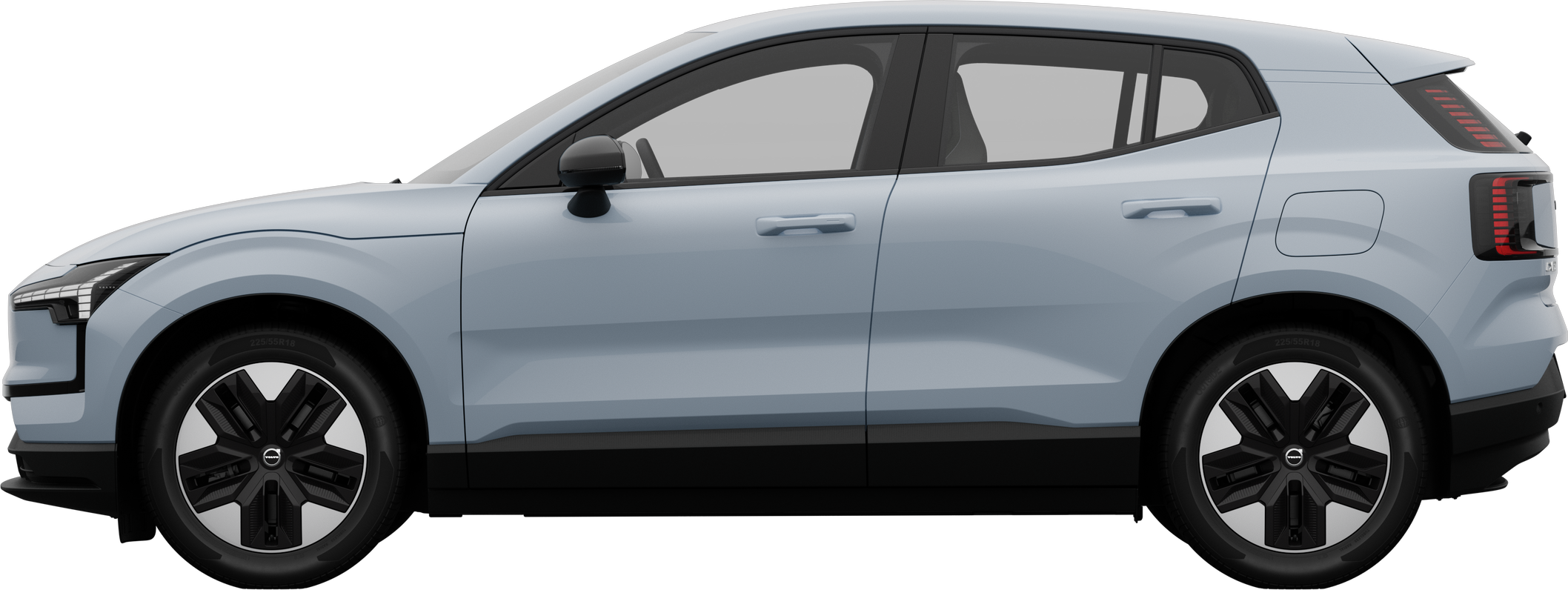 Side view of a Volvo car parked against a plain studio background, showcasing the vehicle's overall sleek profile and design.
