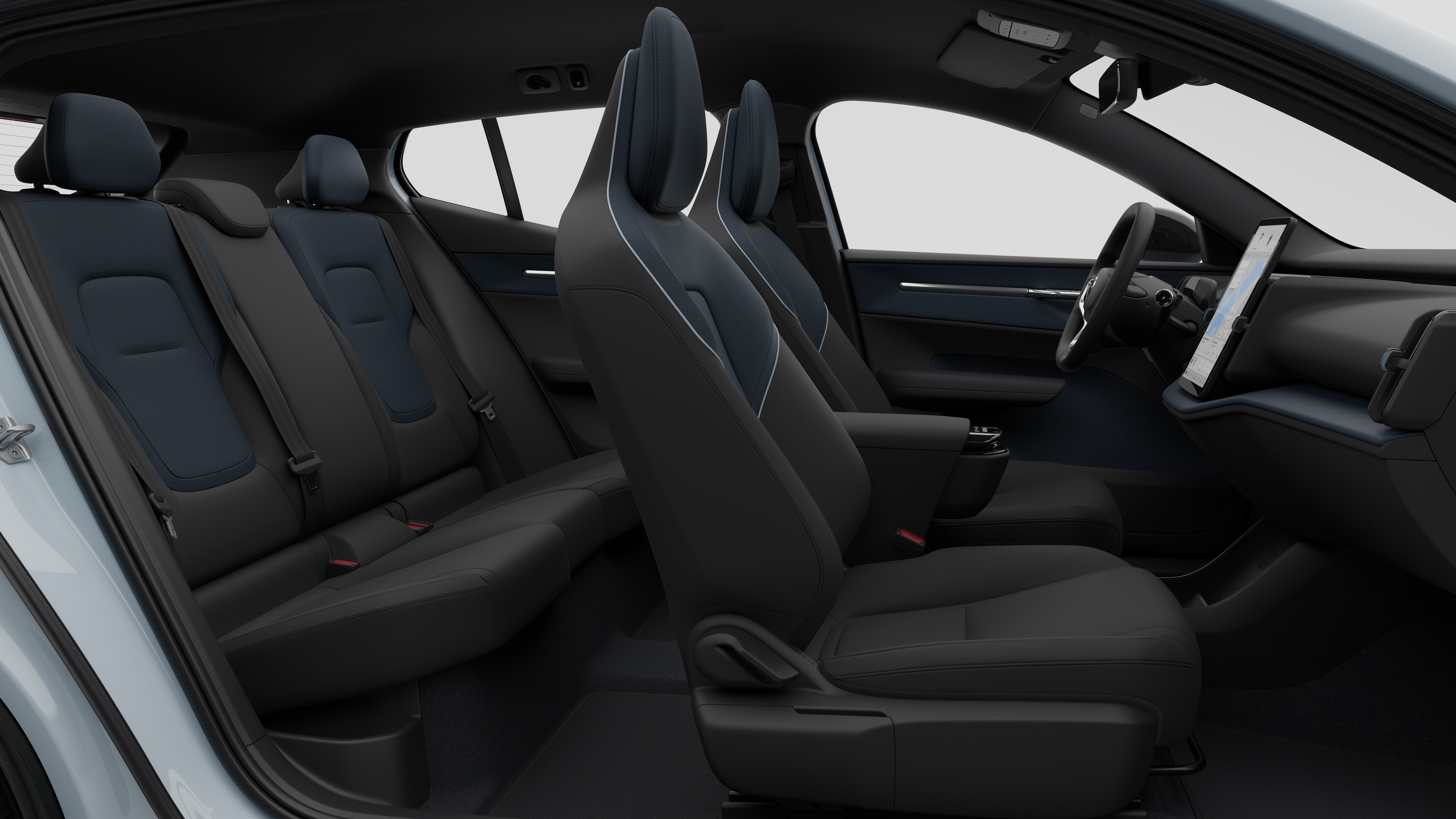 Volvo 汽車內裝側視圖展示了前排座椅、後排乘客座椅、方向盤、儀錶板和中控台，背景是普通的 Studio 背景。
