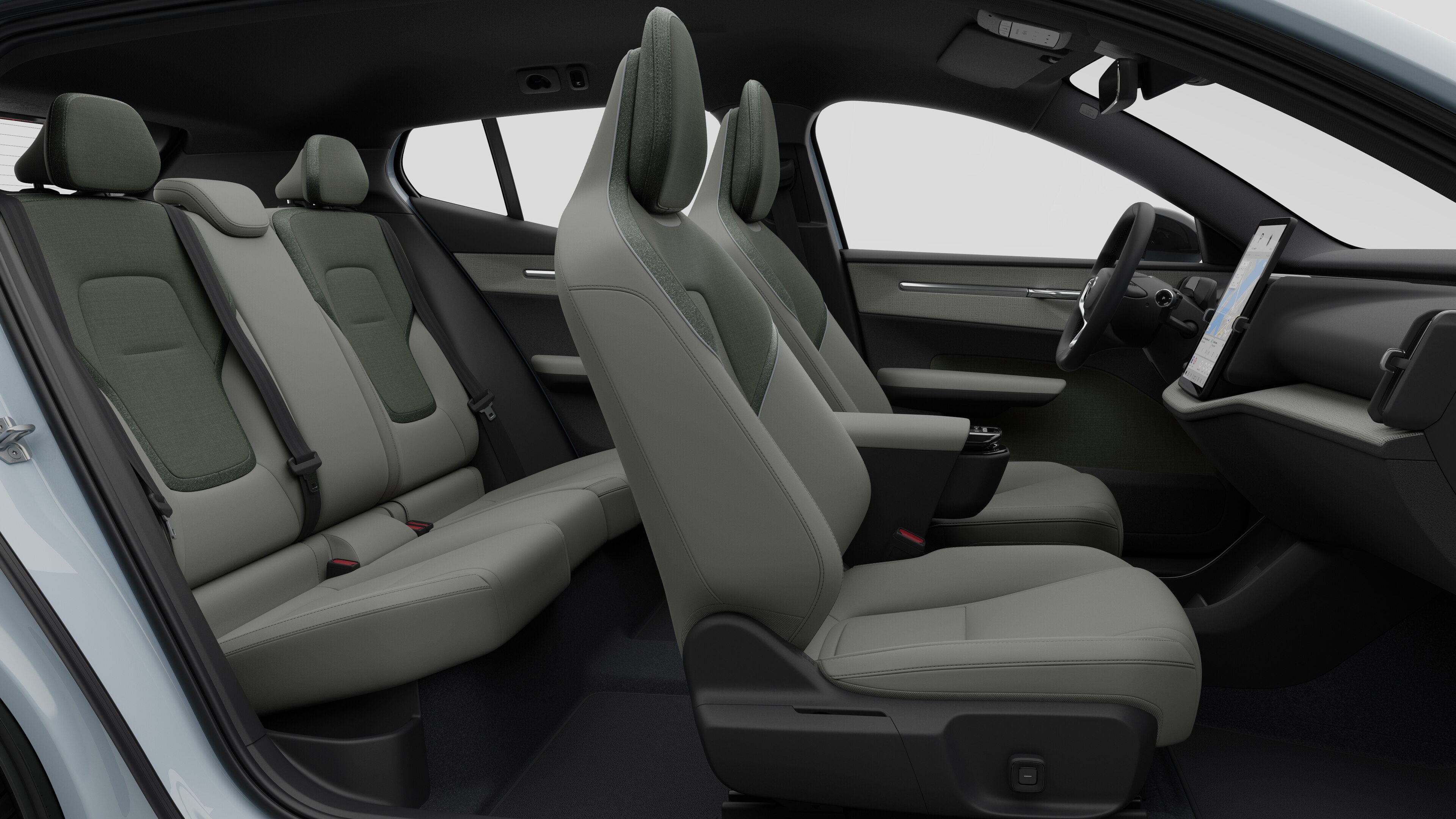 Volvo 汽車內裝側視圖展示了前排座椅、後排乘客座椅、方向盤、儀錶板和中控台，背景是普通的 Studio 背景。