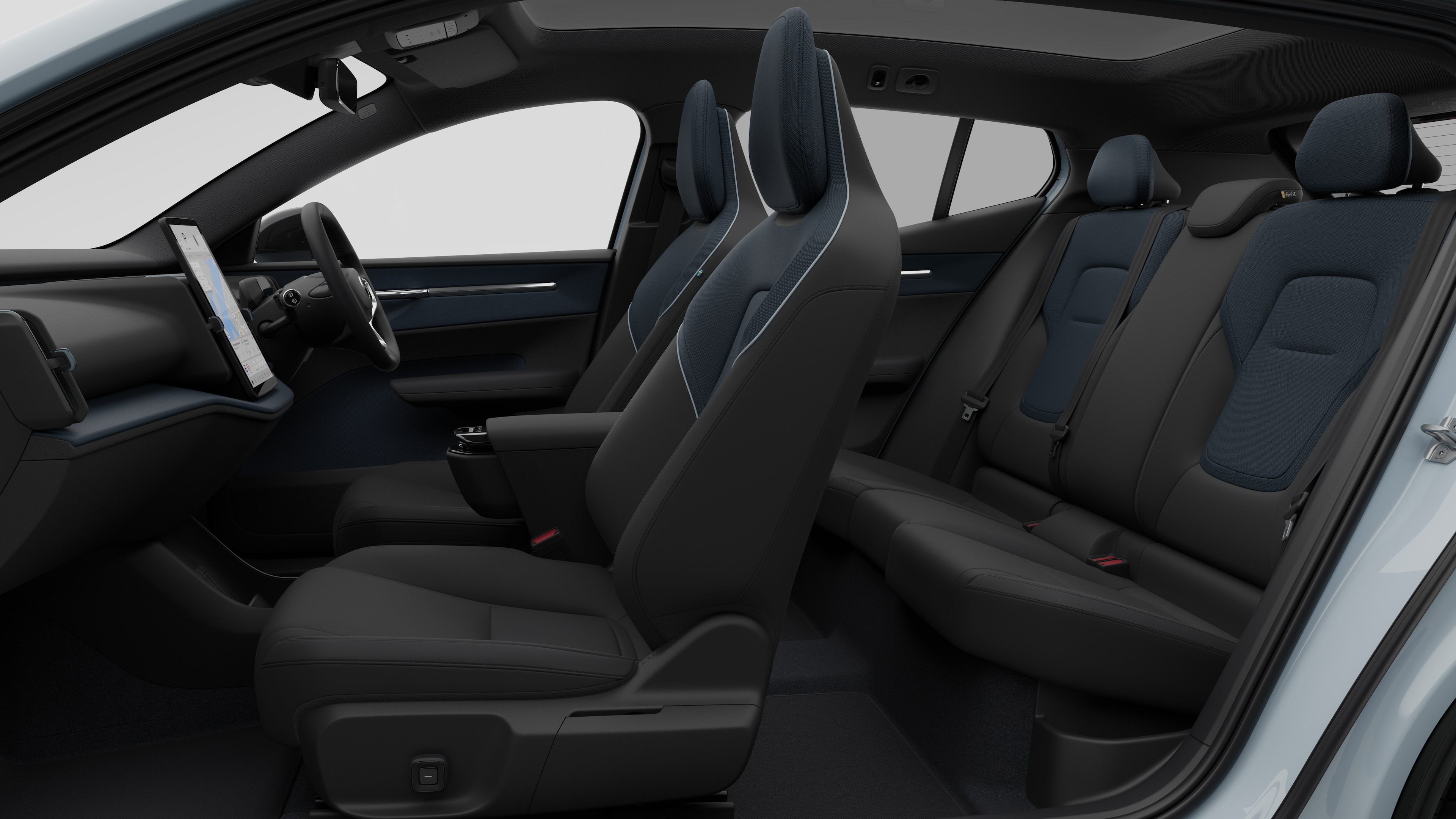 Volvo car interior side view showcasing front seats, rear passenger seats, steering wheel, dashboard, and center console, set against plain studio background.