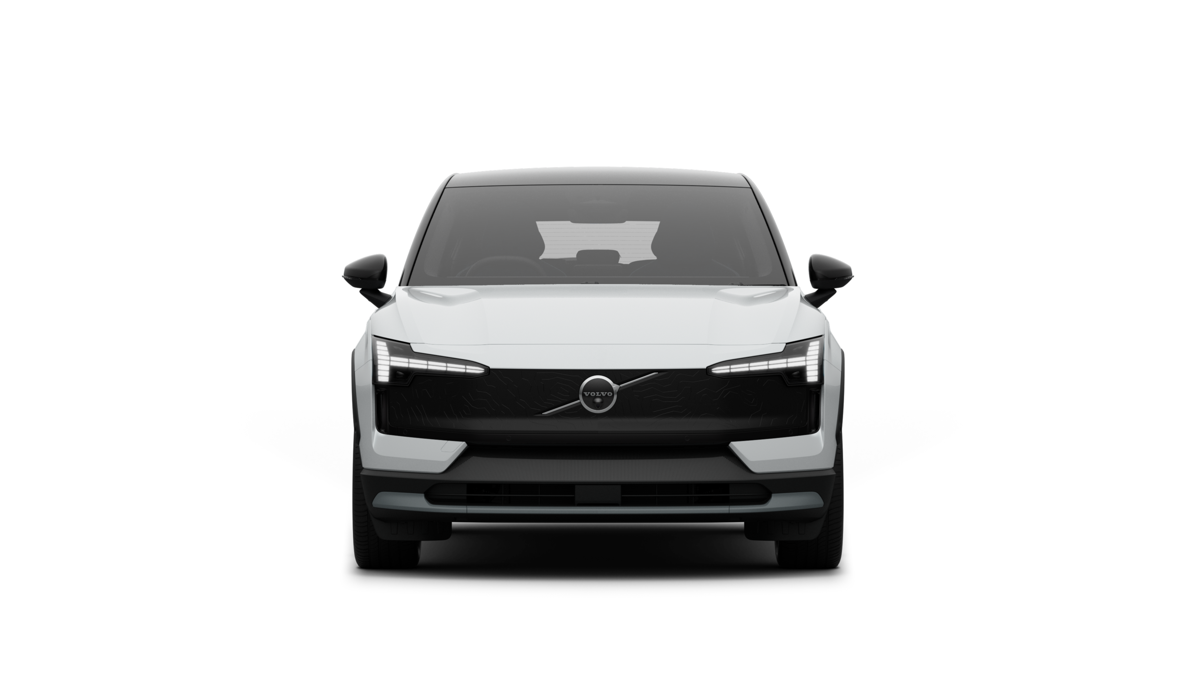 มุมมองด้านหน้าของรถยนต์ Volvo ในพื้นหลังสตูดิโอธรรมดา