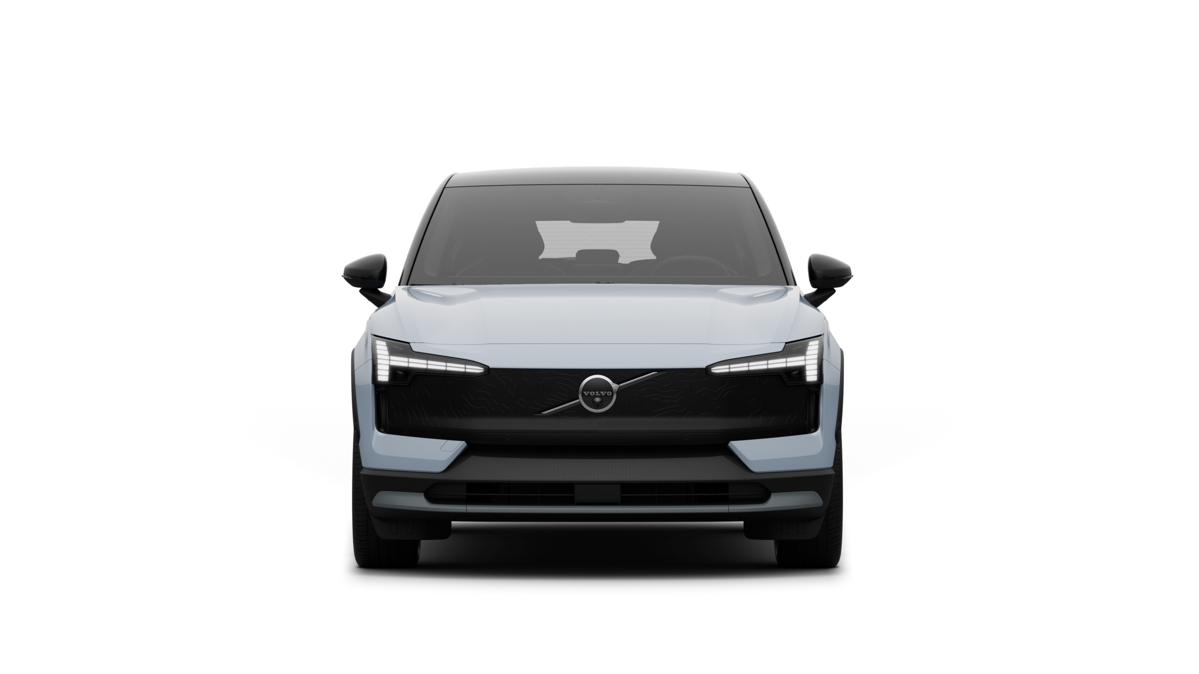 Pohľad spredu na vozidlo Volvo v pozadí obyčajného štúdia.