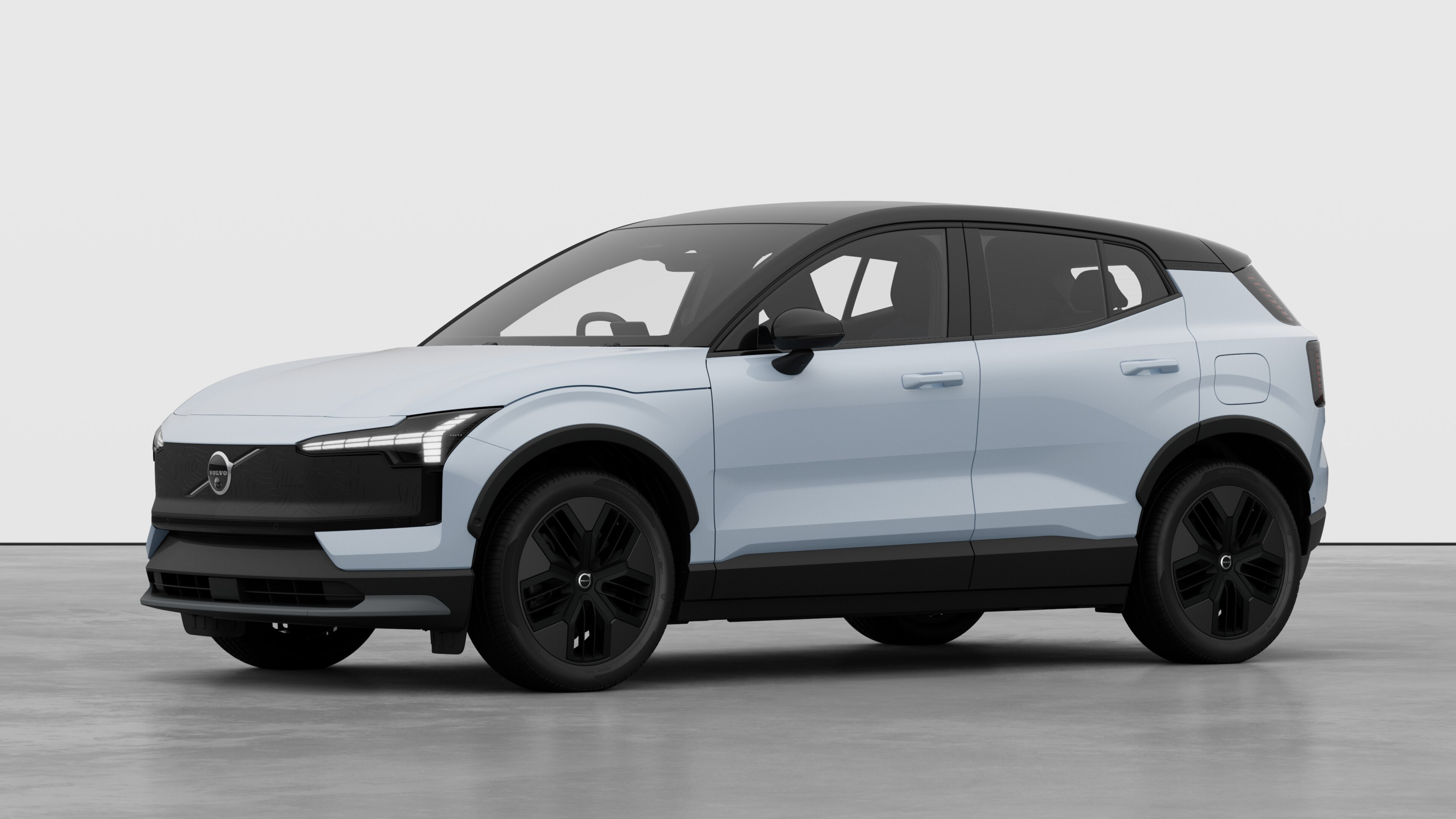 Volvo car exterior in three-quarter view, plain studio background.