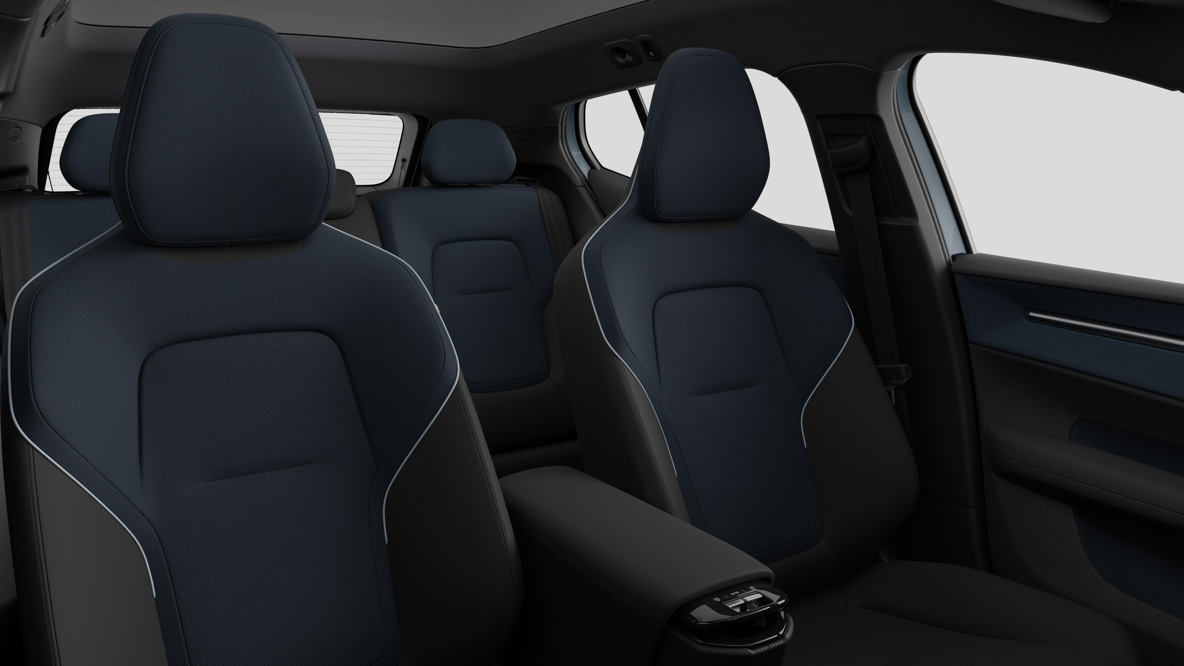 Volvo car interior showing rear passenger seats and center console in plain studio background.