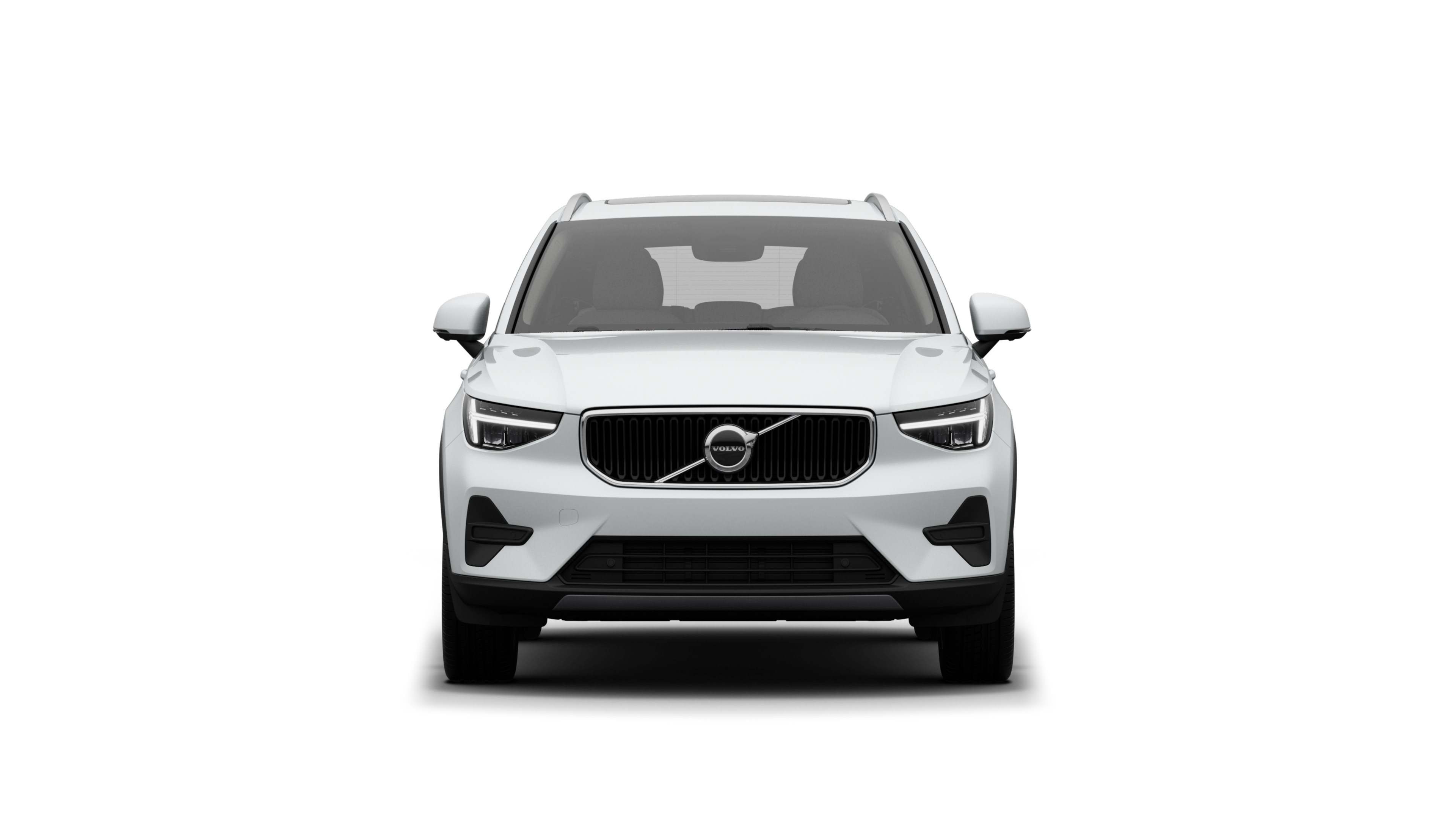 평범한 스튜디오 배경에 있는 볼보 자동차의 정면 모습.