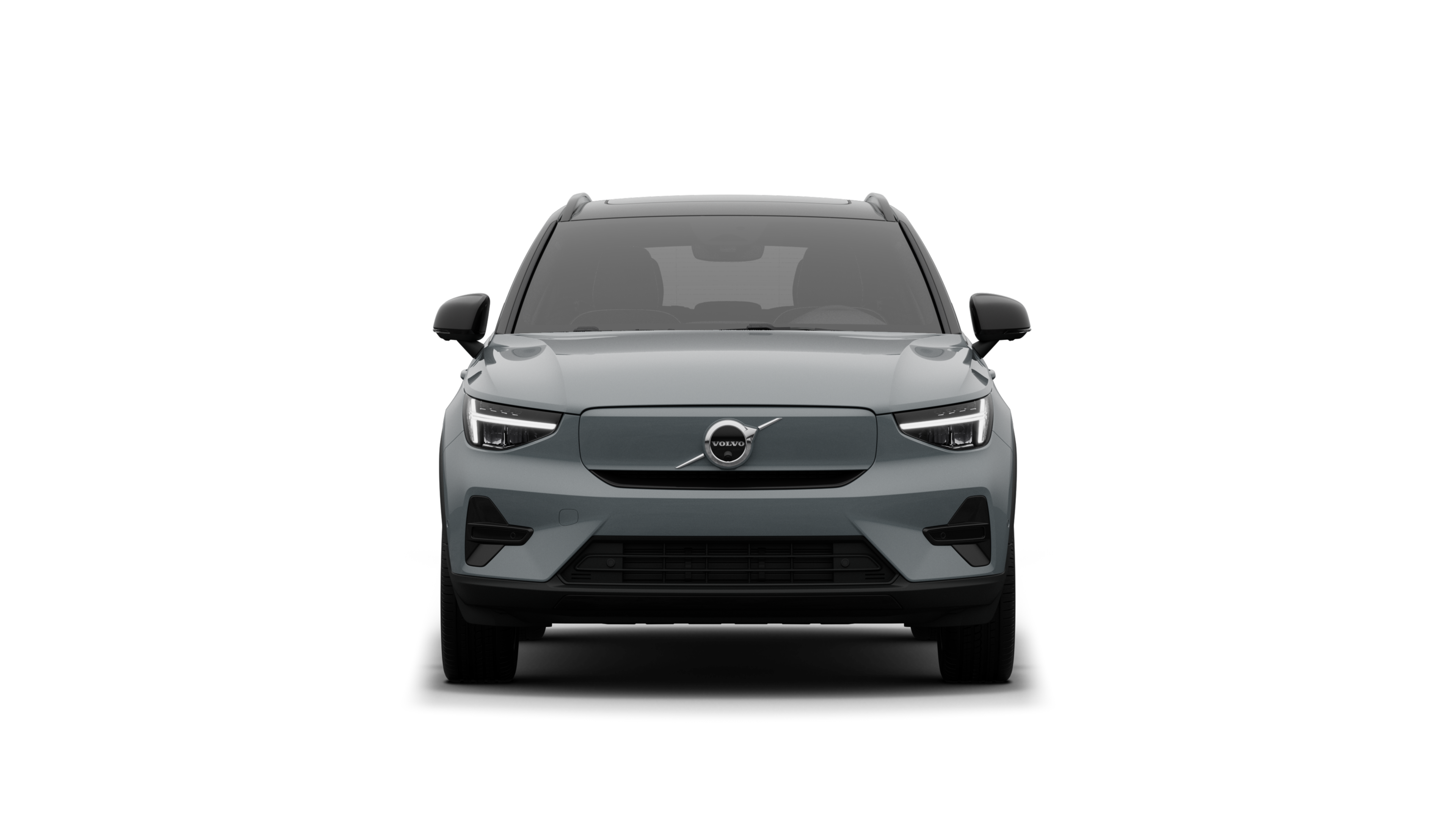 Vooraanzicht van een Volvo op een eenvoudige studioachtergrond.