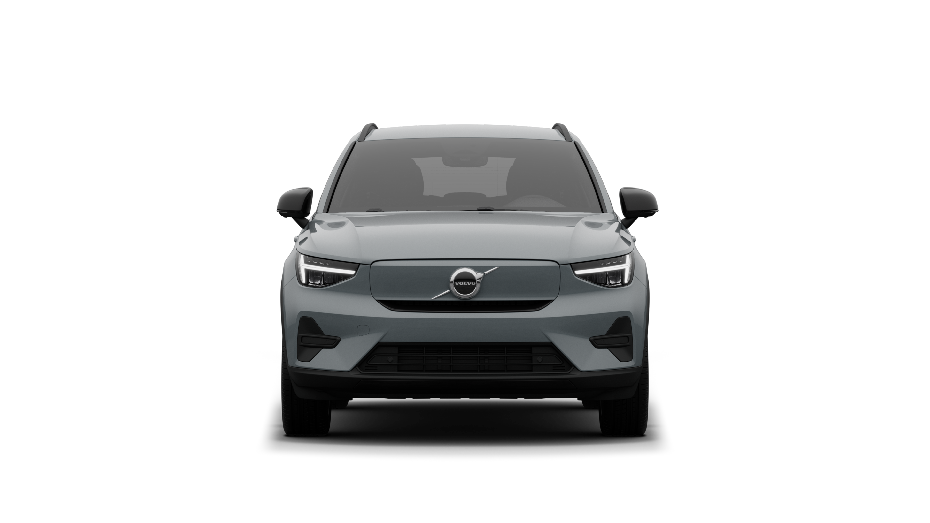 Vooraanzicht van een Volvo op een eenvoudige studioachtergrond.