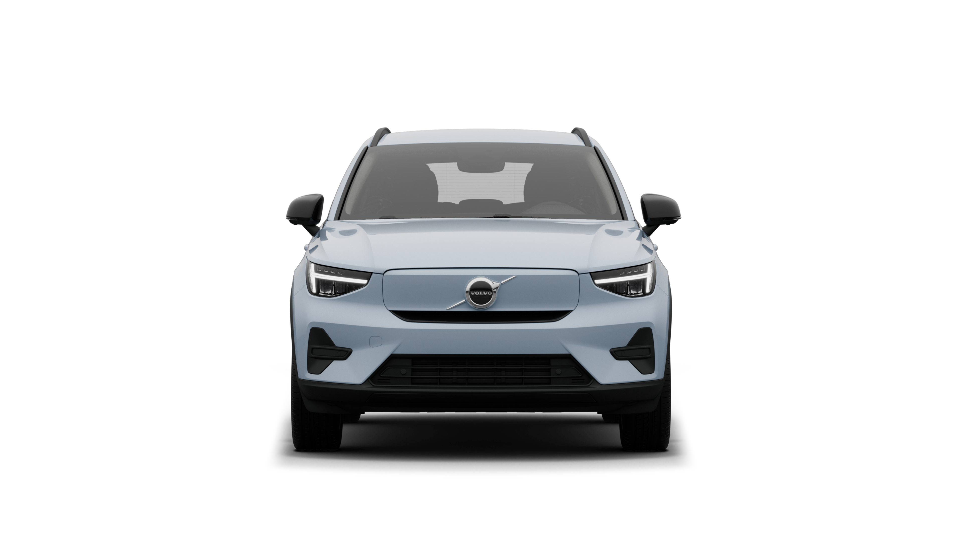 Vorderansicht eines Volvo Fahrzeugs in einem schlichten Studiohintergrund.