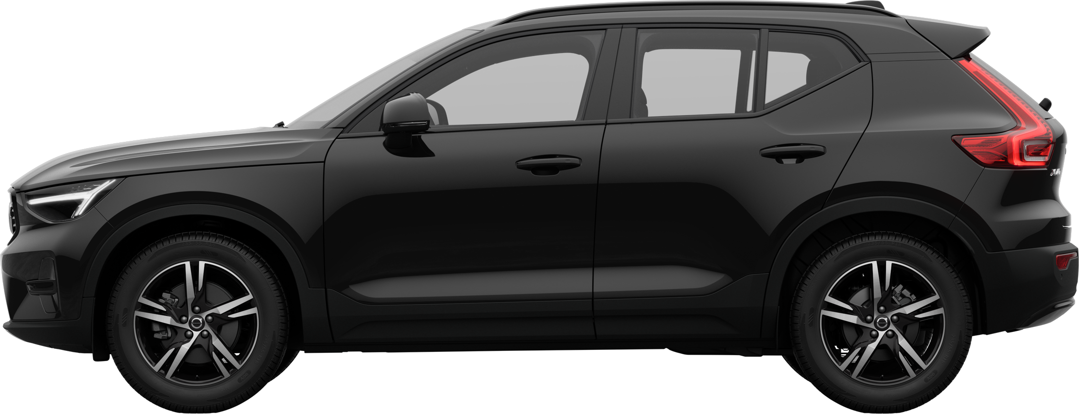 Side view of a Volvo car parked against a plain studio background, showcasing the vehicle's overall sleek profile and design.