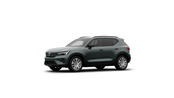 Vista exterior de três quartos do automóvel Volvo num fundo de estúdio simples.