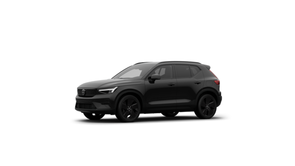 Vista exterior de três quartos do automóvel Volvo num fundo de estúdio simples.