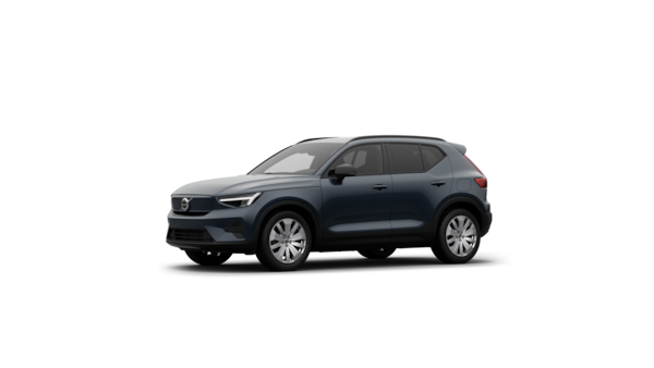 Vista exterior de três quartos do automóvel Volvo num fundo de estúdio simples.