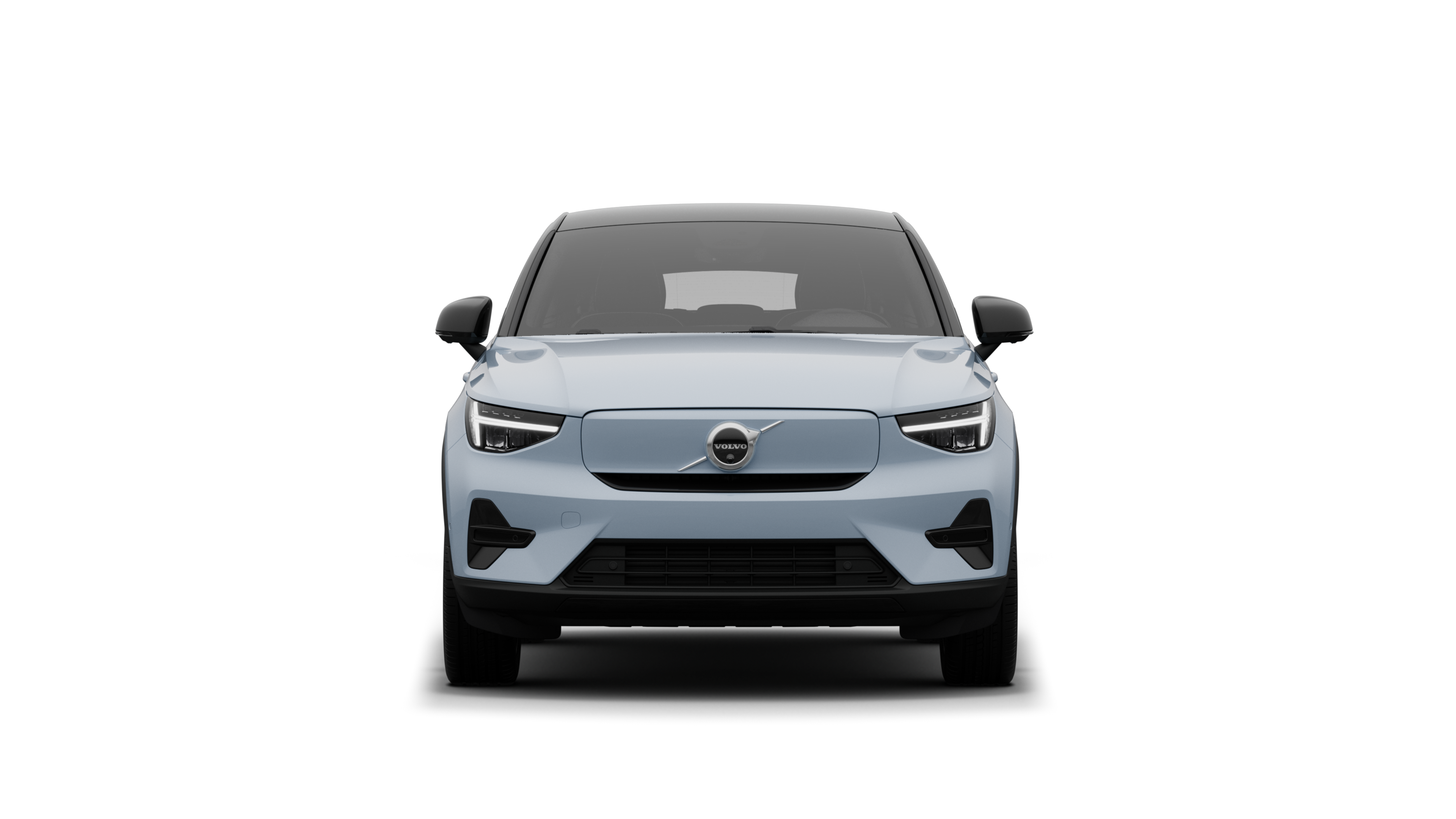 Düz stüdyo arka planında bir Volvo otomobilin önden görünümü.
