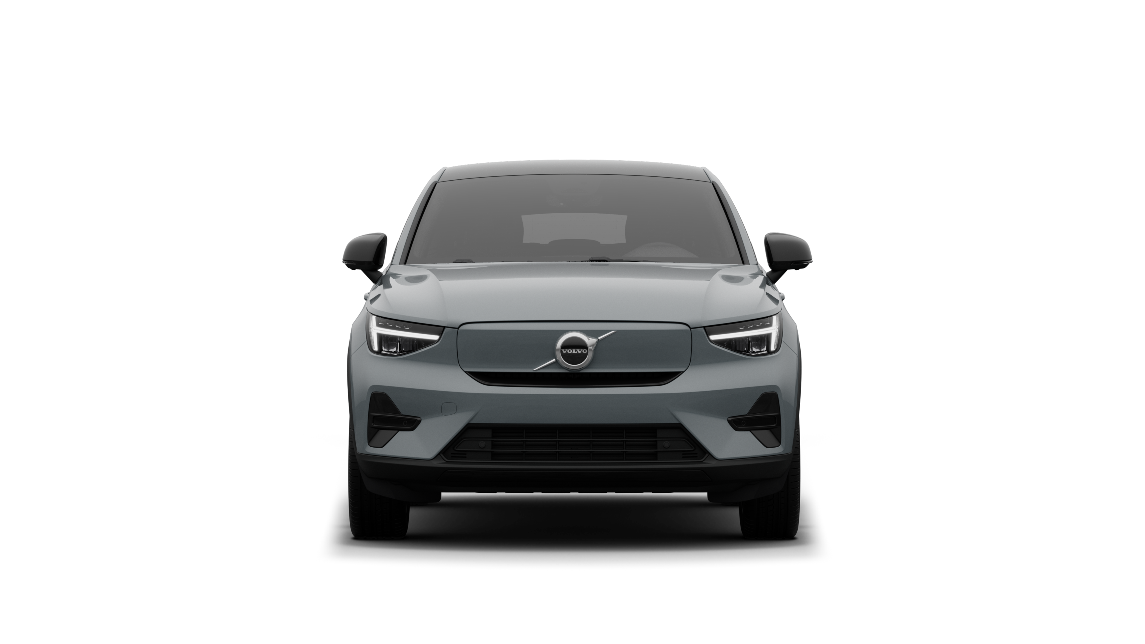 Vooraanzicht van een Volvo op een eenvoudige studioachtergrond.