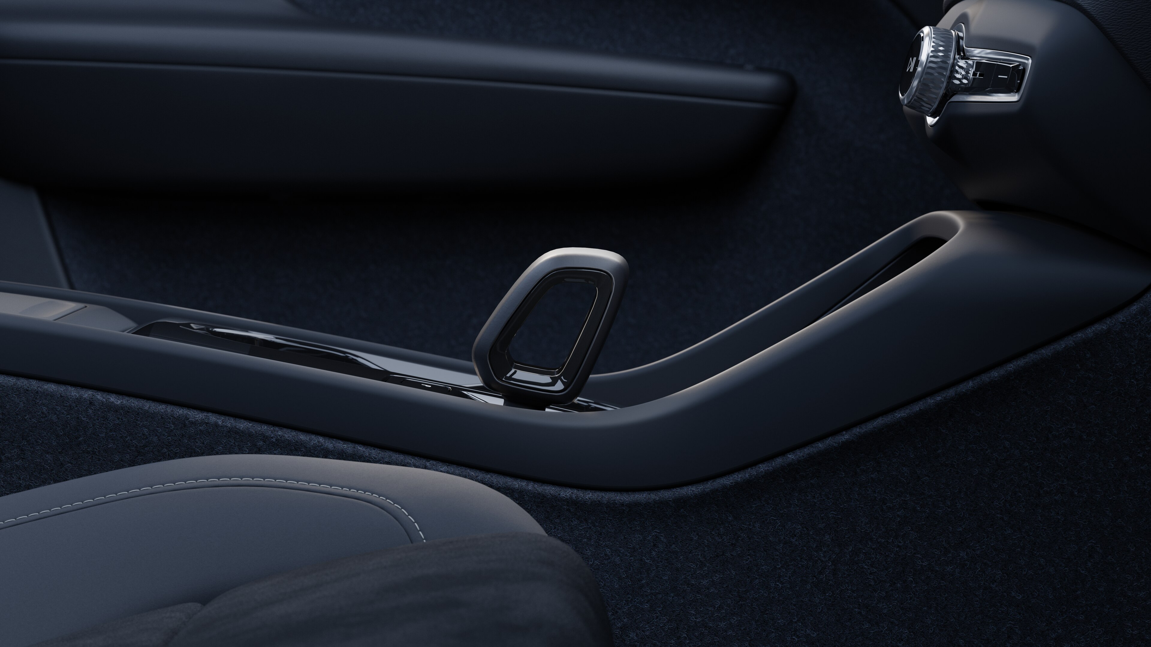 Volvo car interior showing dashboard, steering wheel, and center console with digital display in an open road background.