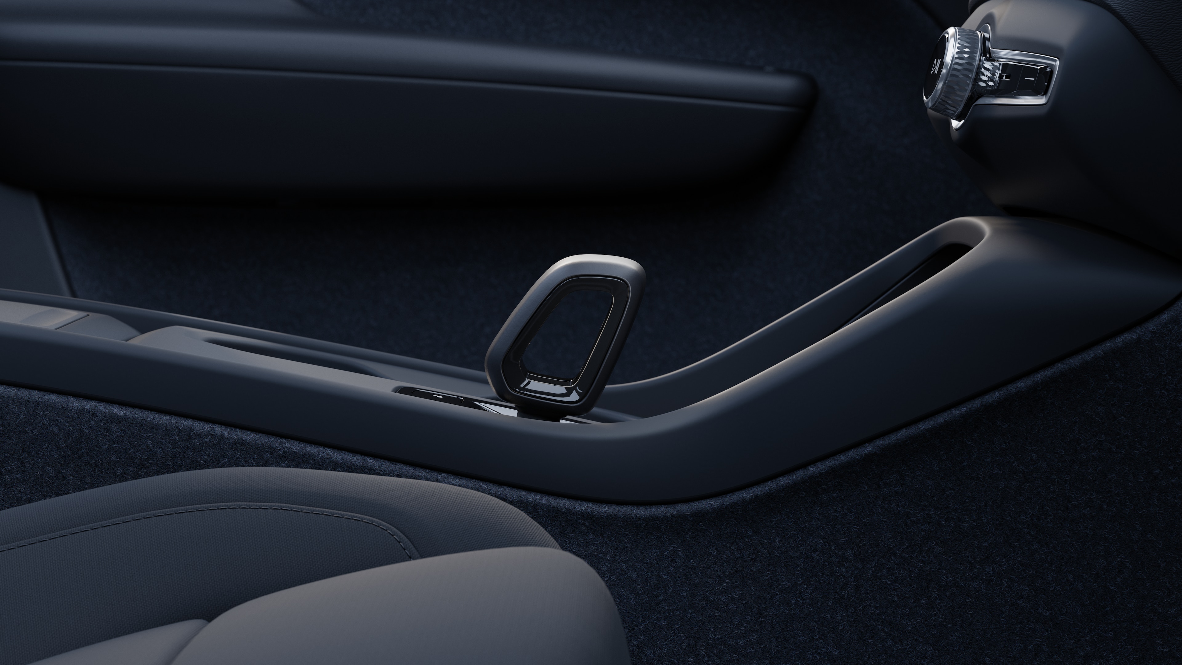 Volvo car interior showing dashboard, steering wheel, and center console with digital display in an open road background.