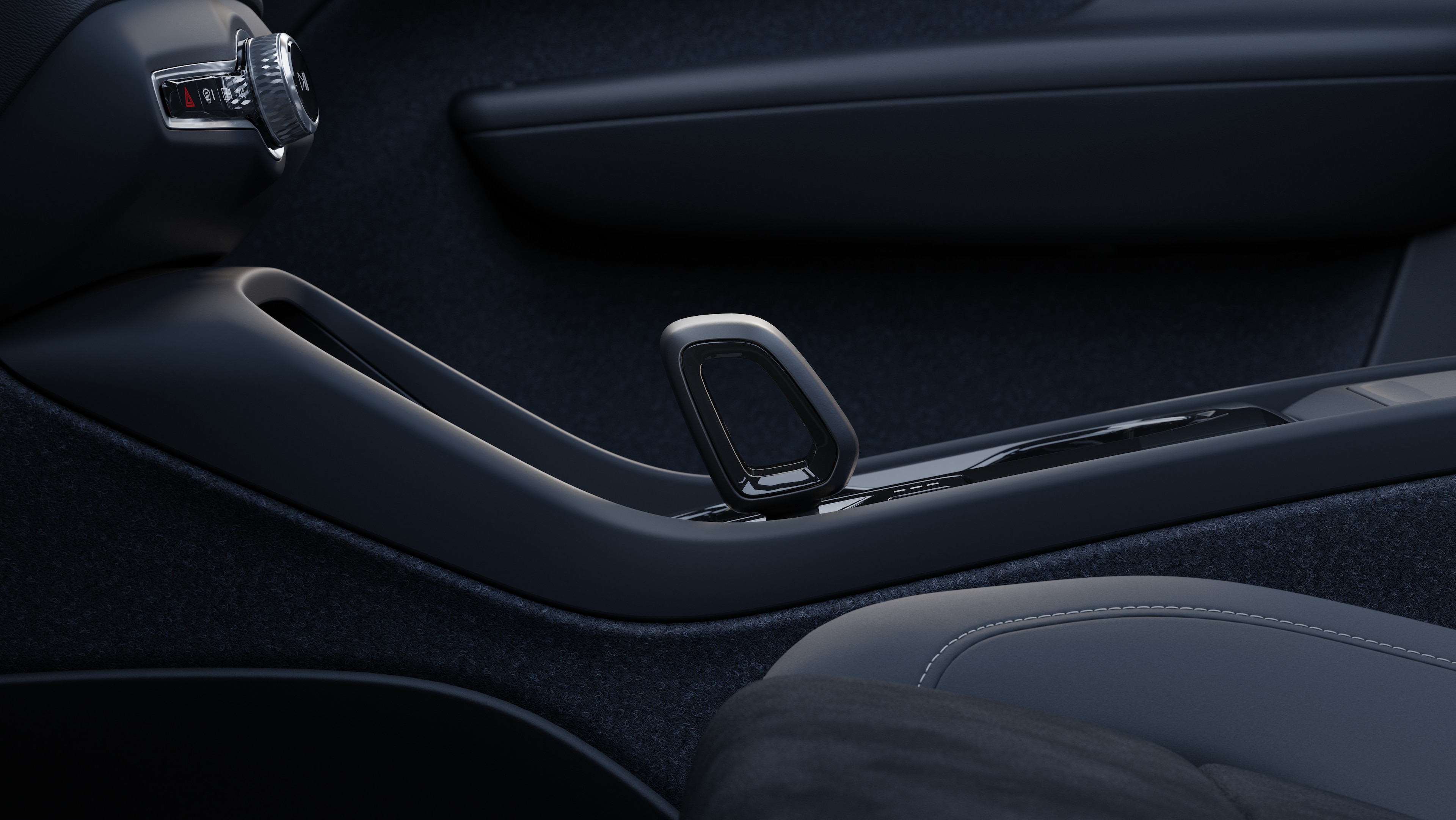 Nội thất xe Volvo hiển thị bảng điều khiển, vô lăng và bảng điều khiển trung tâm với màn hình kỹ thuật số trên nền đường mở.