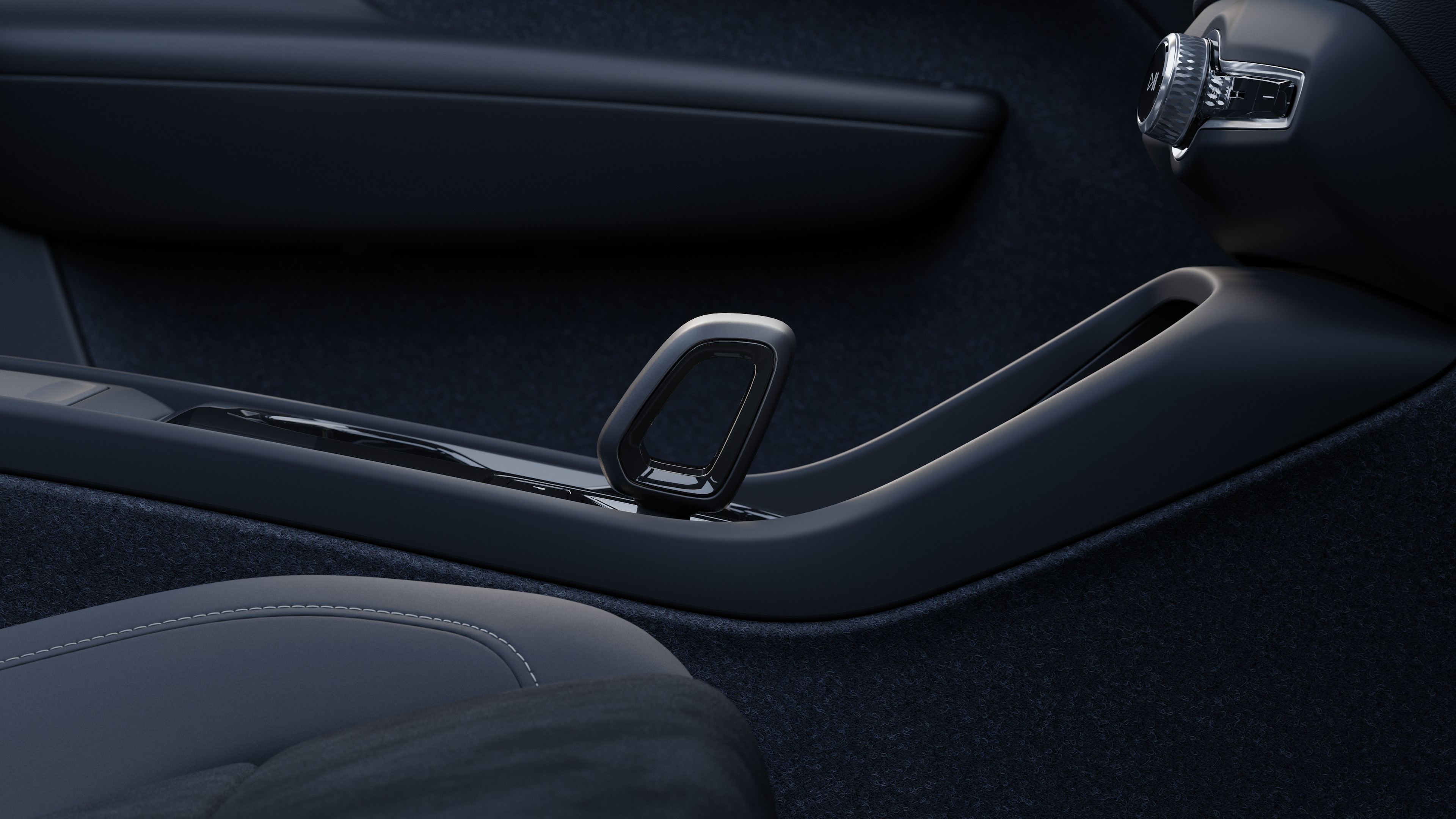 Volvo car interior showing dashboard, steering wheel, and center console with digital display in an open road background.