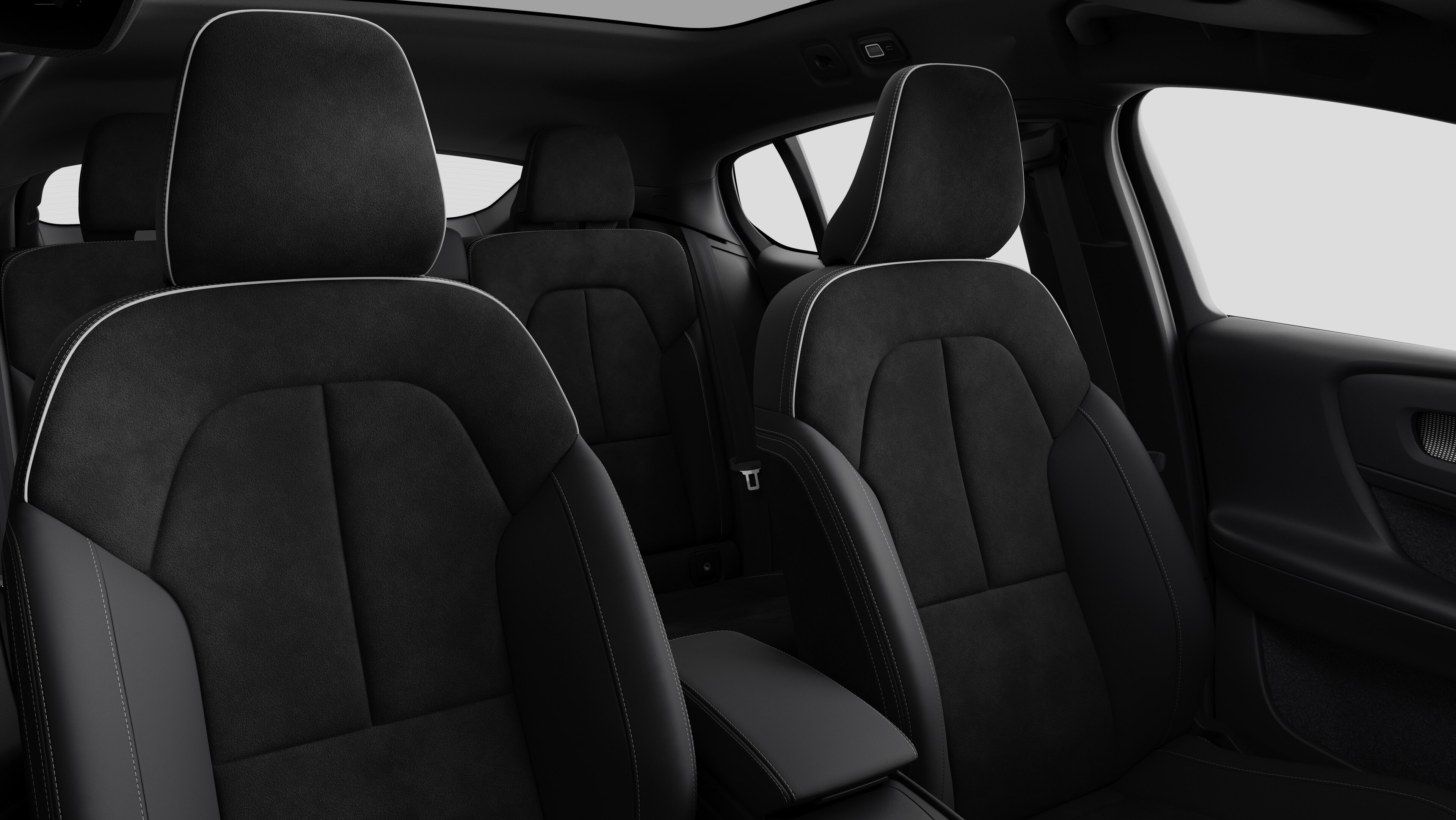 Volvo car interior showing rear passenger seats and center console in plain studio background.