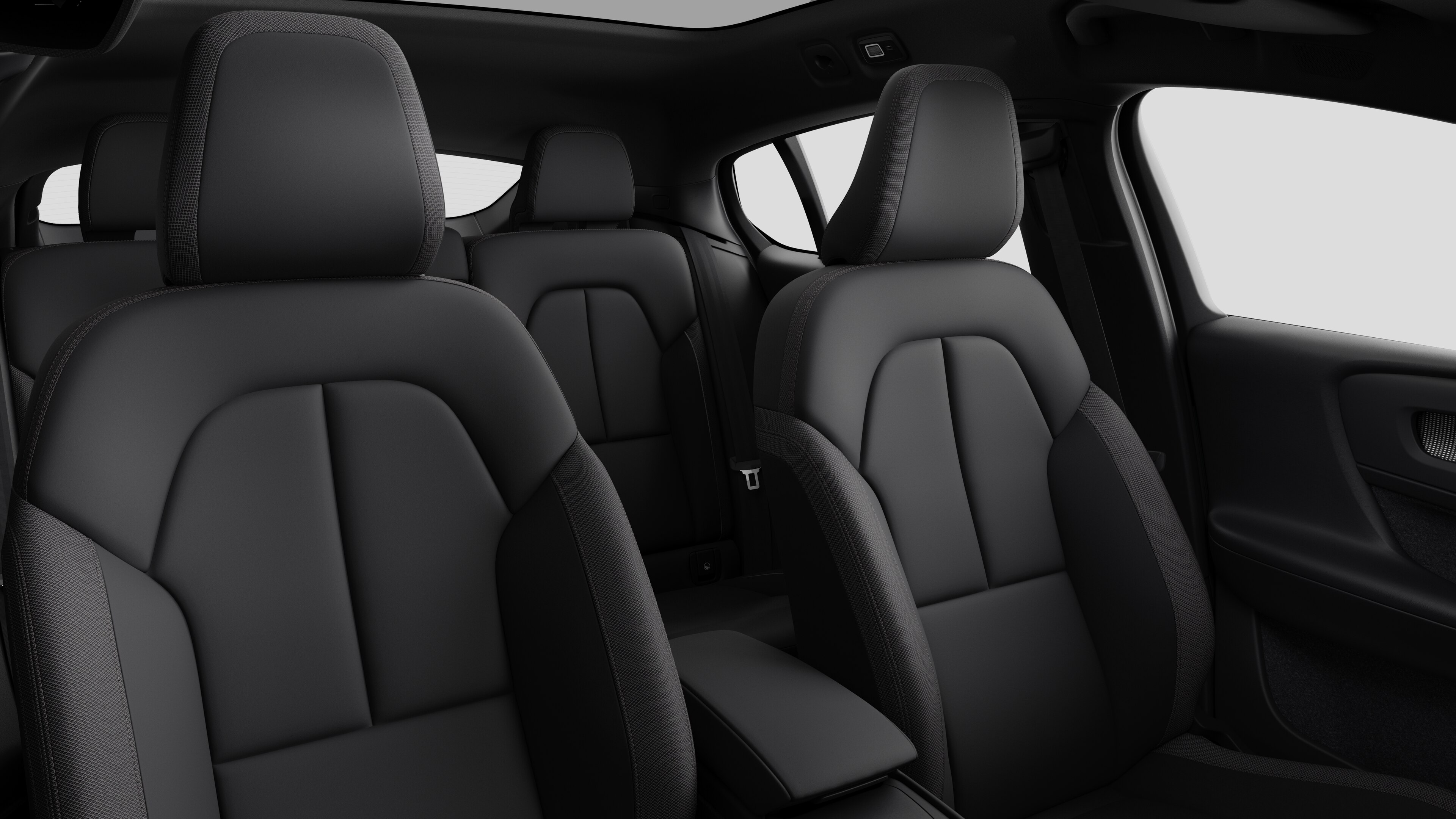 Volvo car interior showing rear passenger seats and center console in plain studio background.