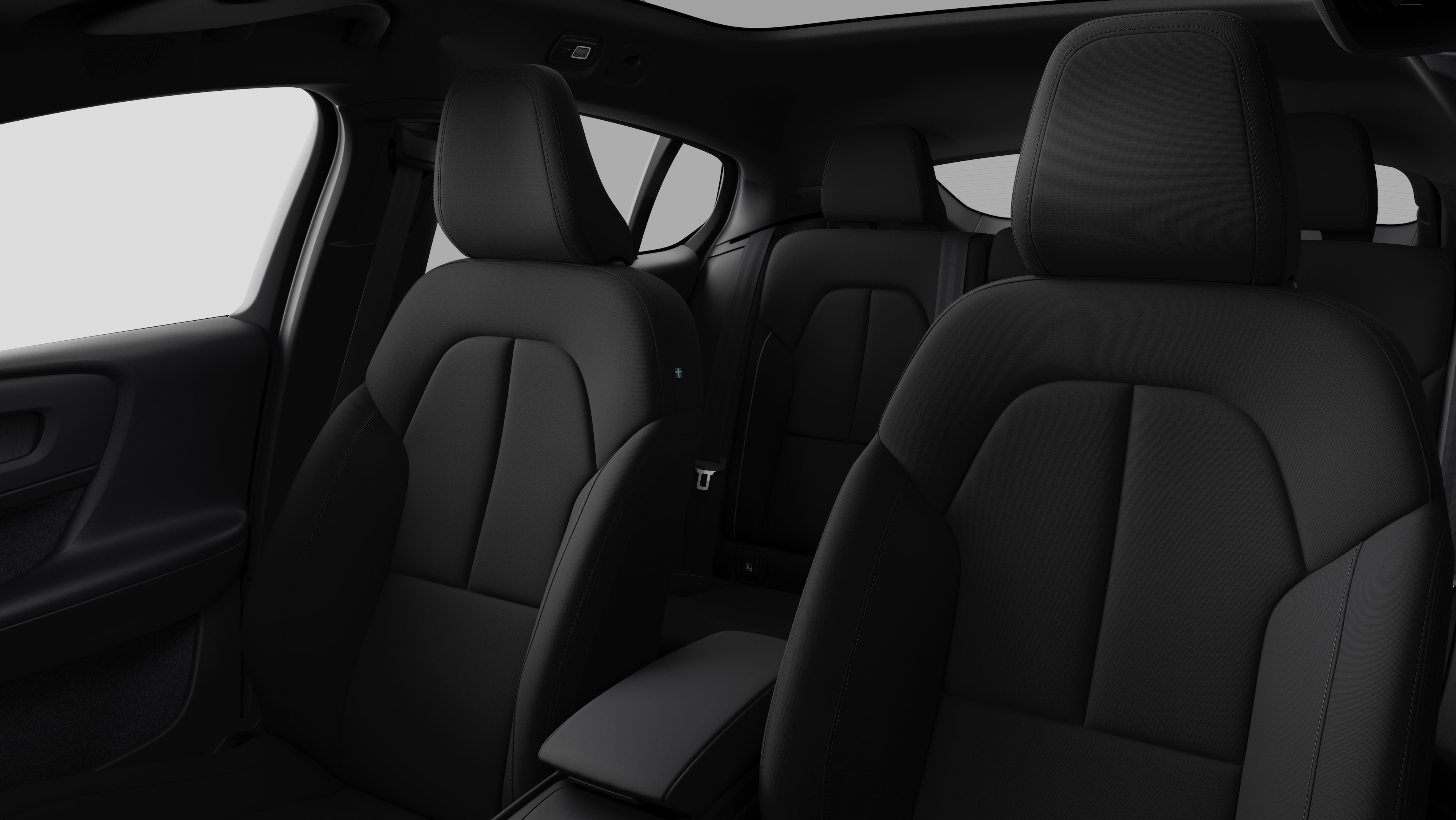 Volvo car interior showing rear passenger seats and center console in plain studio background.