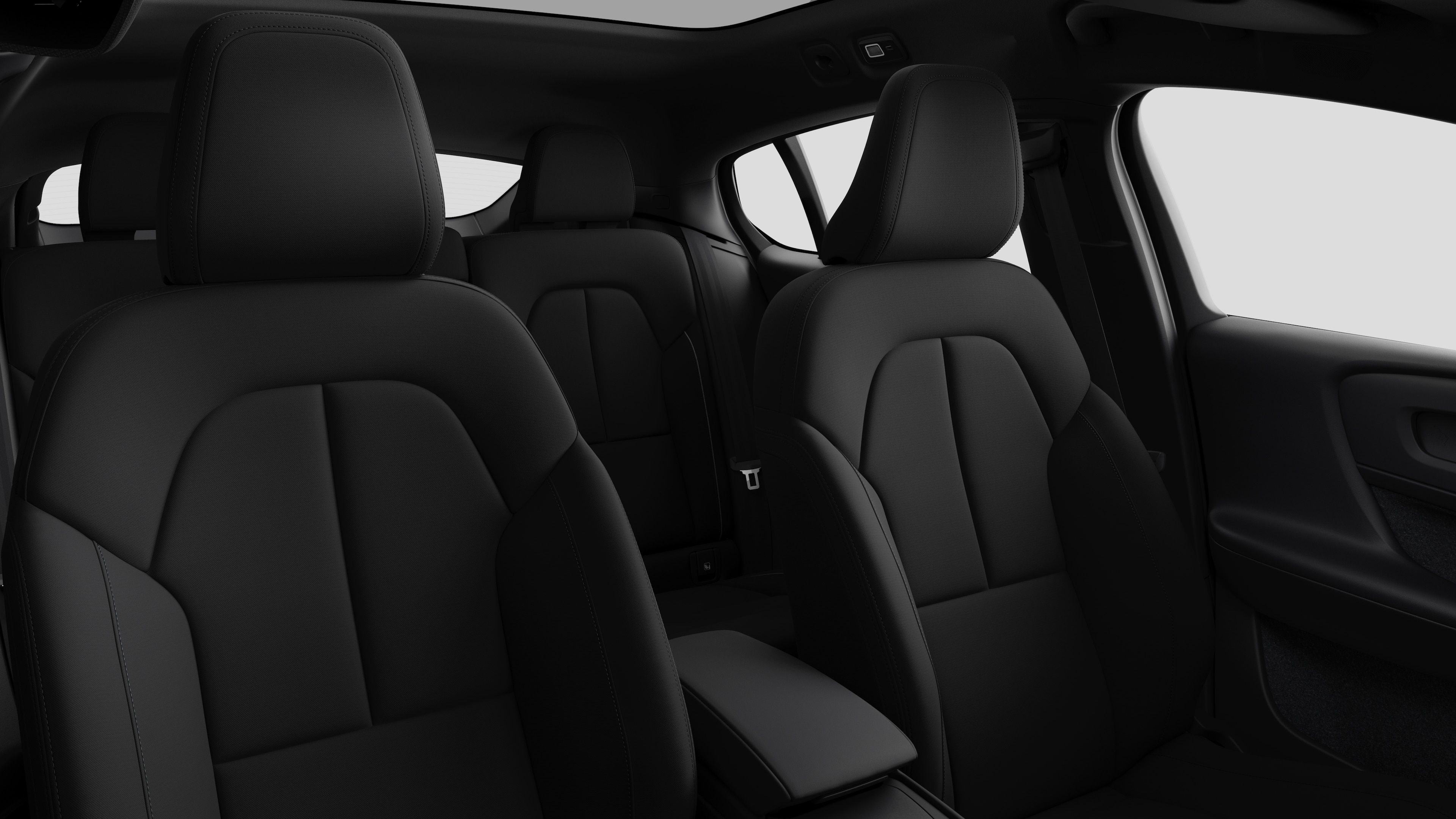 Volvo car interior showing rear passenger seats and center console in plain studio background.