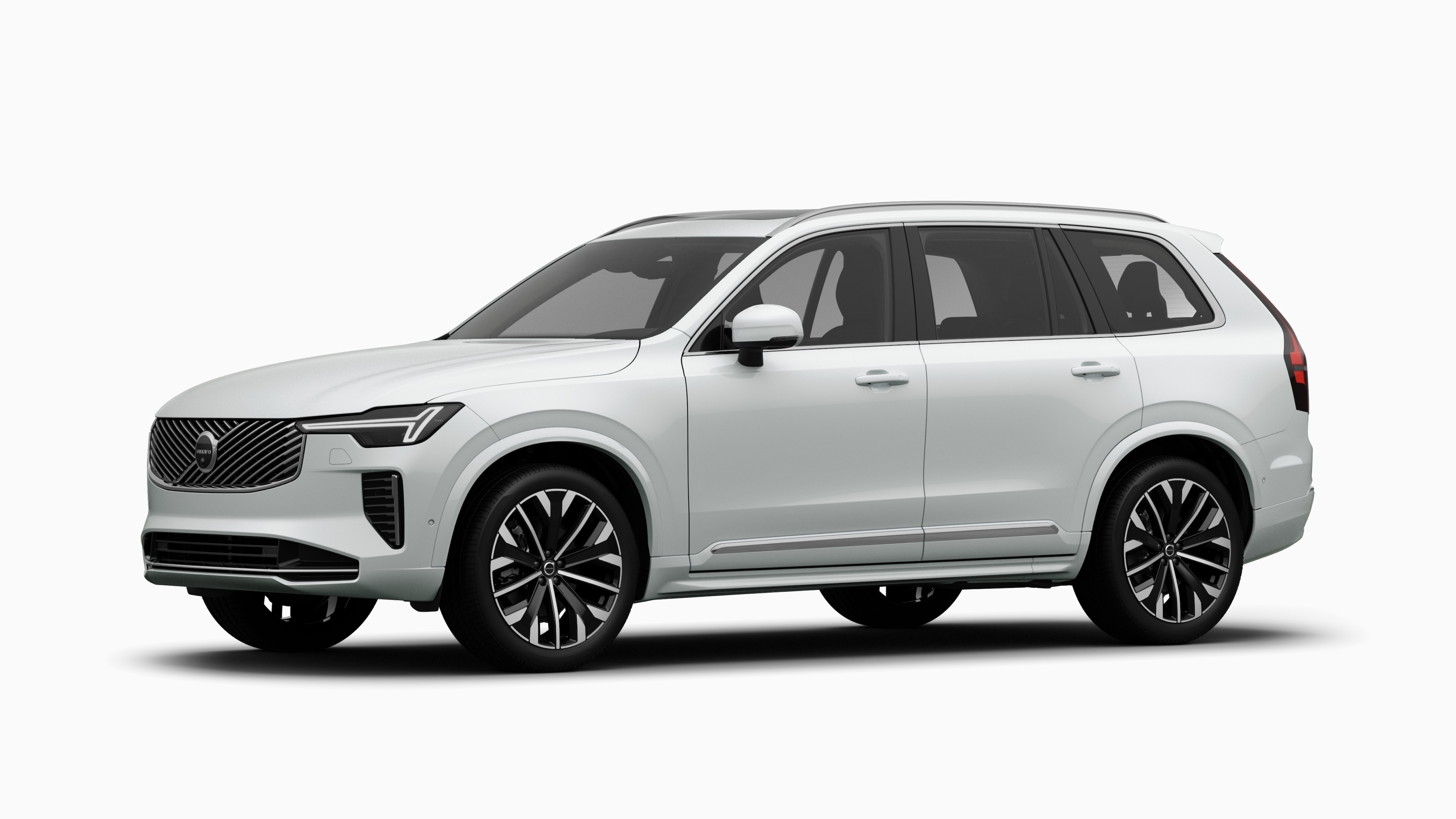 Üç çeyrek görünümde Volvo otomobilin dış görünümü, düz stüdyo arka planı.