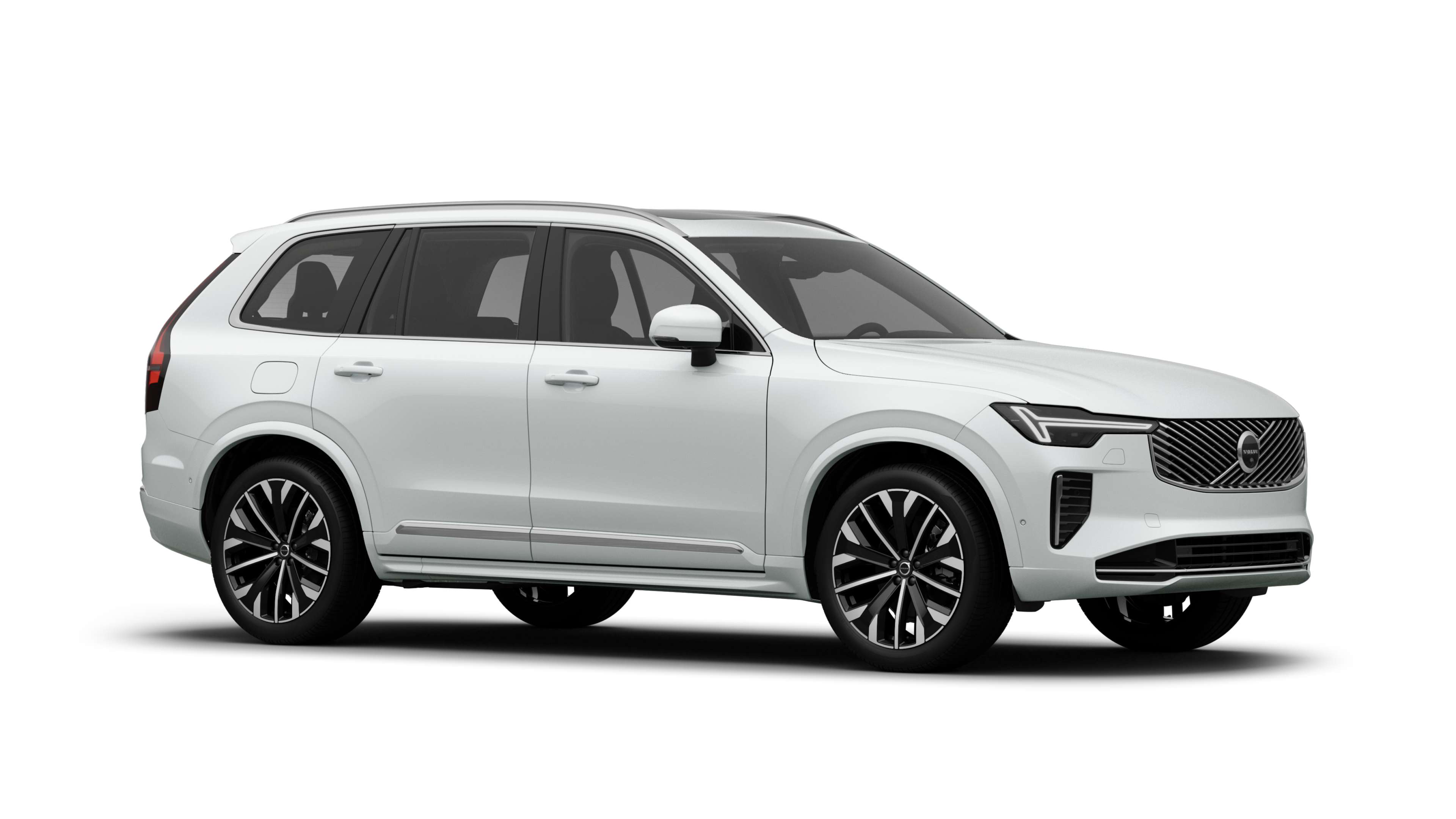 Volvo otomobilin dış görünümü, sade bir stüdyo arka planında dörtte üç görünüm.