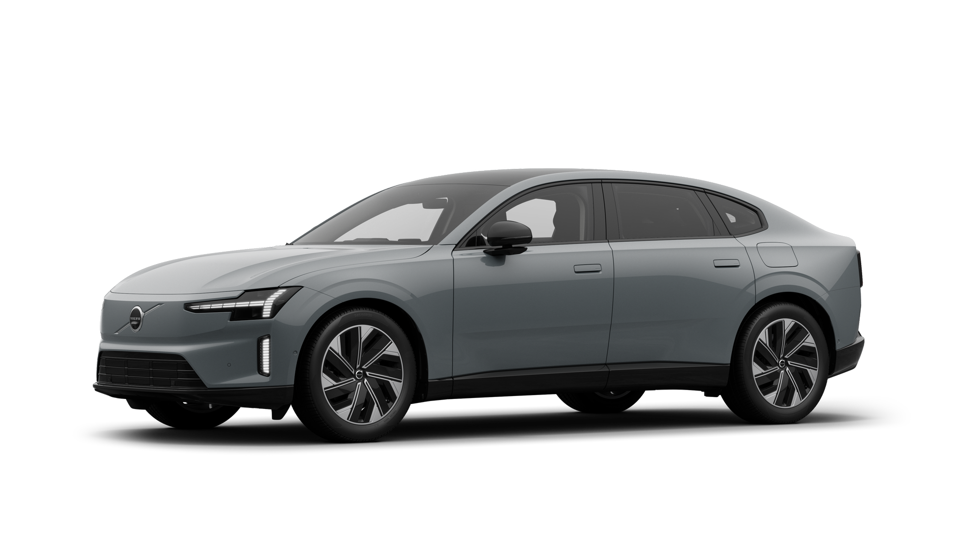 Exteriér vozu Volvo v tříčtvrtečním pohledu, prosté studiové pozadí.