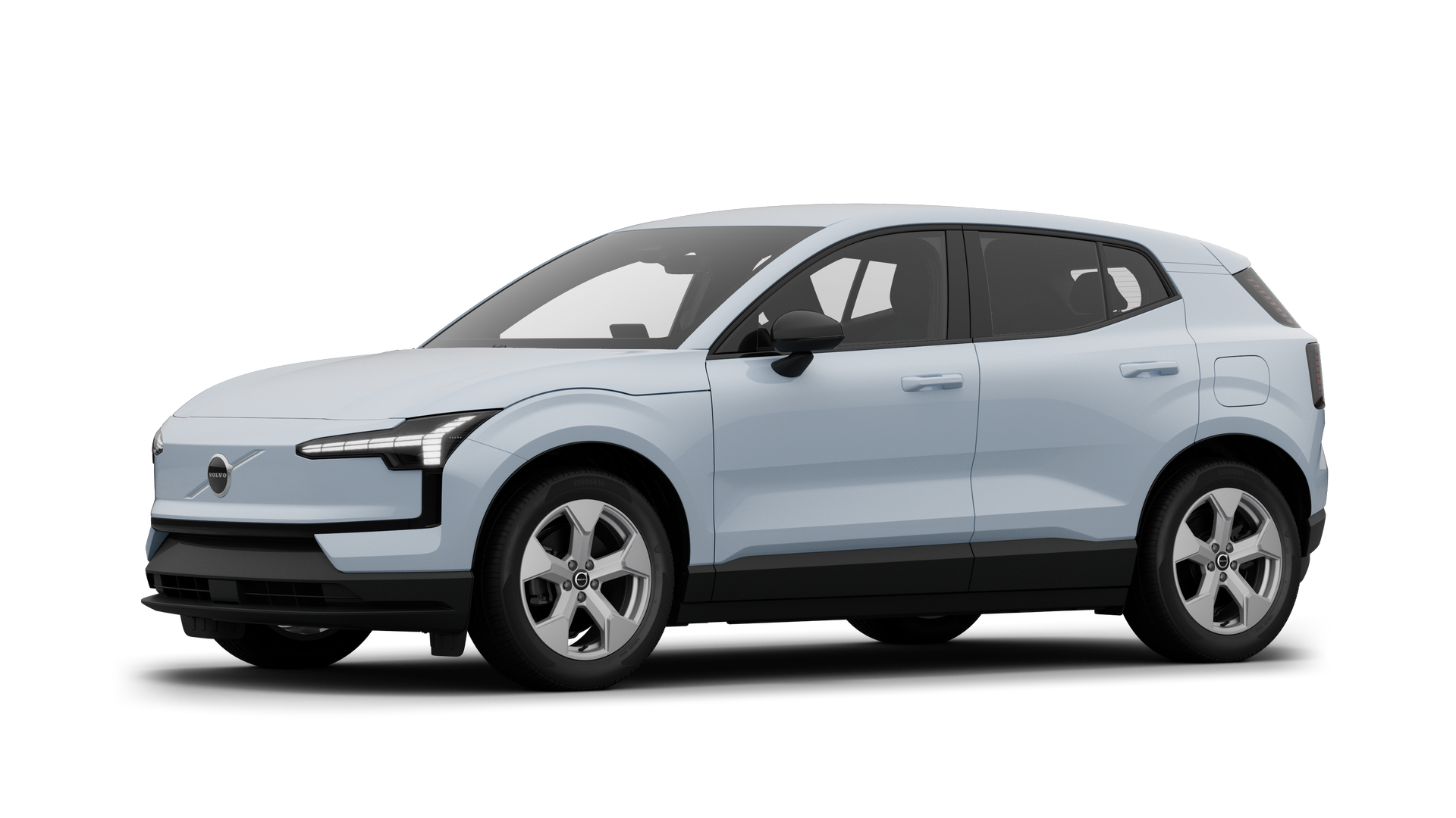 Extérieur d’une Volvo vue de trois quarts, fond de studio uni.