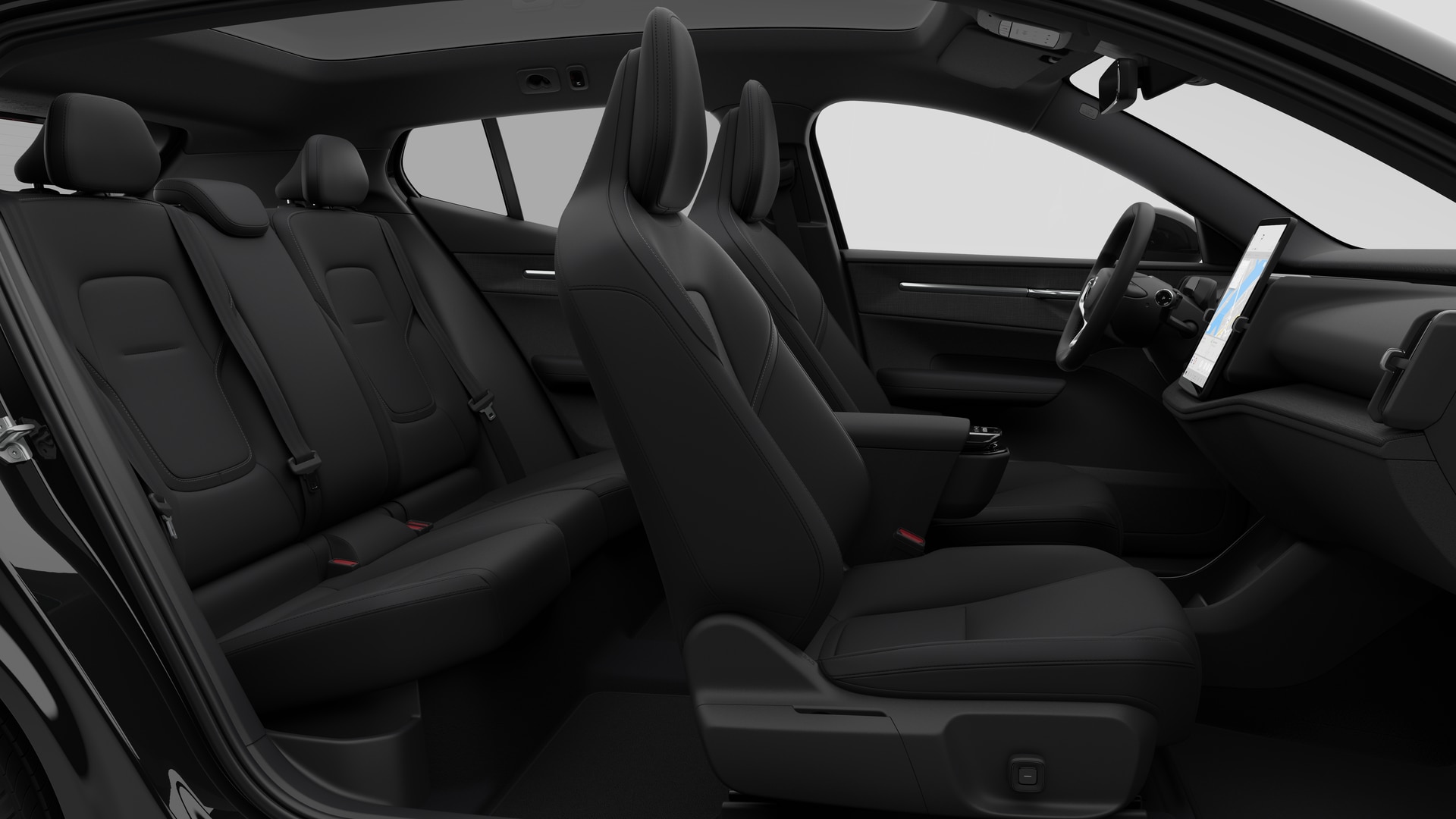 Vue latérale de l’intérieur d’une Volvo montrant les sièges avant, les sièges passager arrière, le volant, le tableau de bord et la console centrale, sur fond de studio.