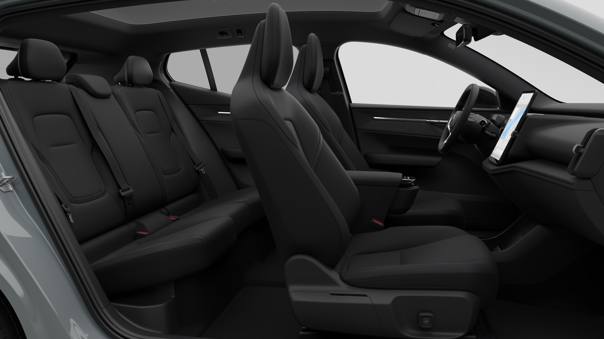Vue latérale de l’intérieur d’une Volvo montrant les sièges avant, les sièges passager arrière, le volant, le tableau de bord et la console centrale, sur fond de studio.
